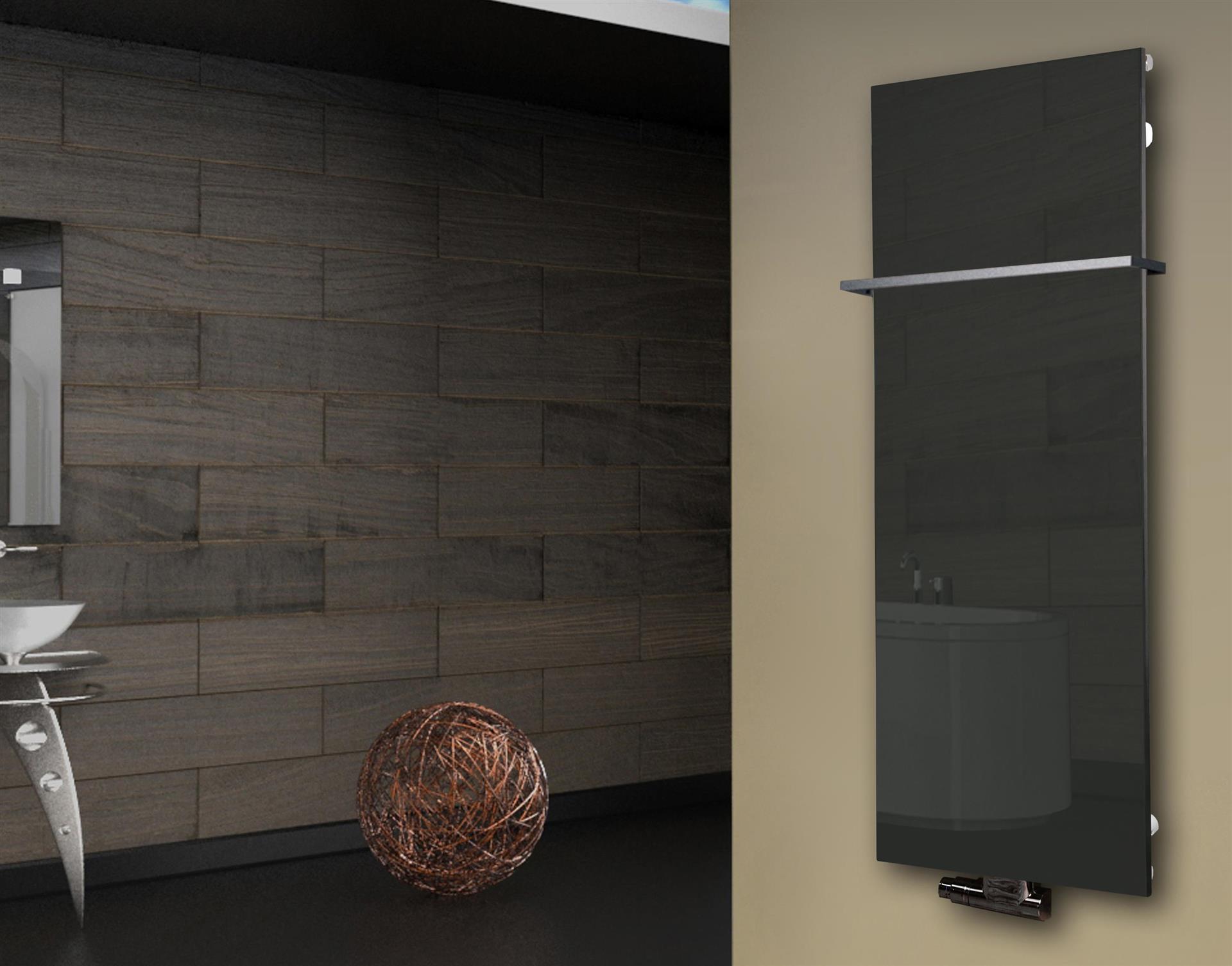 Badheizkörper mit Glas Design Montevideo 2 (Glasfront) 120x47cm 799 Watt anthrazit - moon +1 Halter 15mm SZAGATO Designheizkörper mit Mittelanschluss