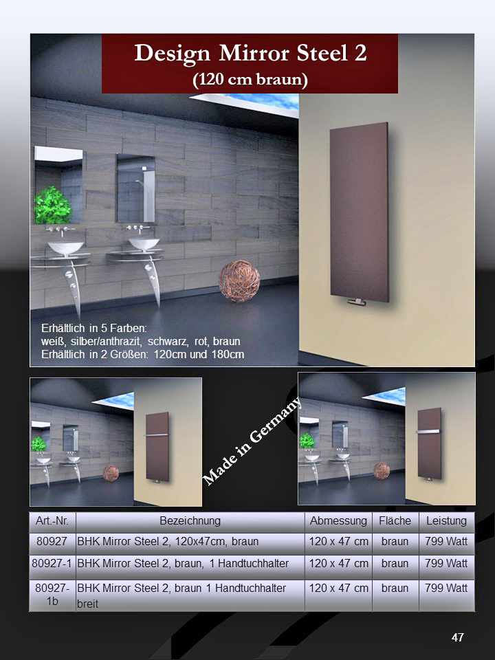 BADHEIZKÖRPER Design Mirror Steel 2 120x47cm 799 Watt braun (+1 Halter 30mm) SZAGATO Designheizkörper Handtuchheizkörper mit Mittelanschluss