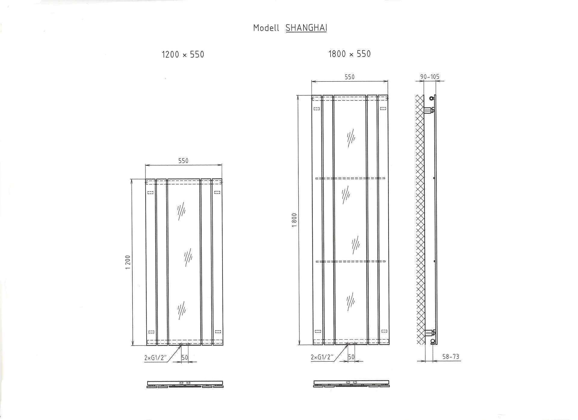 BADHEIZKÖRPER mit Spiegel Design Shanghai 2 120 x 55cm 581 Watt Edelstahloptik SZAGATO Hadntuchwärmer Handtuchheizkörper mit Mittelanschluss
