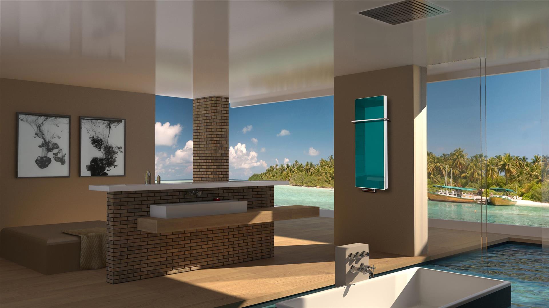 BADHEIZKÖRPER Glas Montevideo 5 Glasfront 120x47cm 1458Watt türkis +1 Halter 15mm SZAGATO Designheizkörper Handtuchheizkörper mit Mittelanschluss