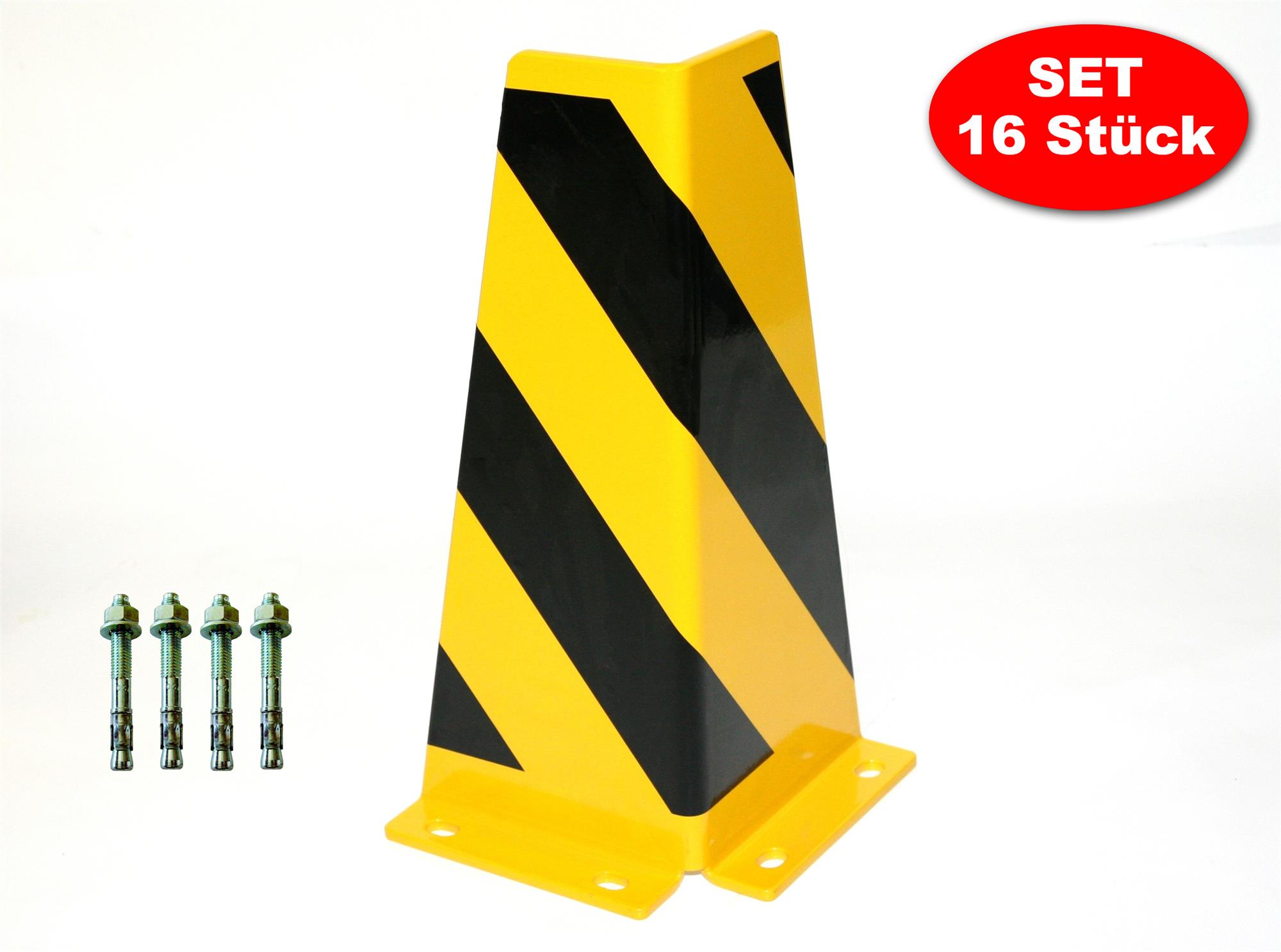Rammschutz SET (16 Stück) 400x165x165x6 mm konisch + 64 Dübel SZAGATO Regal Anfahrschutz Regale Rammschutzbügel Anfahrschutzecke Rammschutzecke