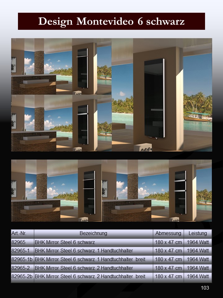 BADHEIZKÖRPER Glas Montevideo 6 Glasfront 180x47cm 1964 Watt schwarz +2 Halter 50mm SZAGATO Designheizkörper Handtuchheizkörper mit Mittelanschluss