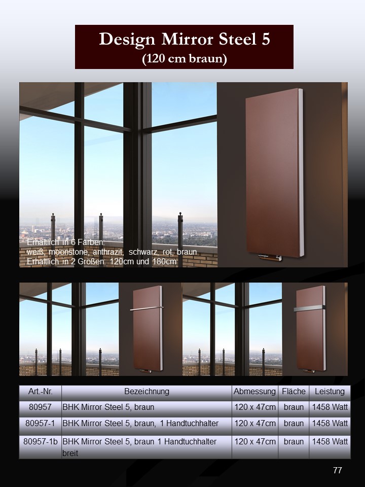 BADHEIZKÖRPER Design Mirror Steel 5 120x47cm 1458 Watt braun (+1 Halter 50mm) SZAGATO Designheizkörper Handtuchheizkörper mit Mittelanschluss