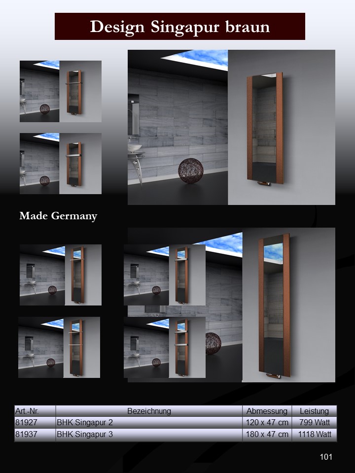 BADHEIZKÖRPER mit Spiegel Design Singapur 3 180x47cm 1118 Watt braun  (+1 Halter 15mm) SZAGATO Designheizkörper mit Mittelanschluss Handtuchwärmer