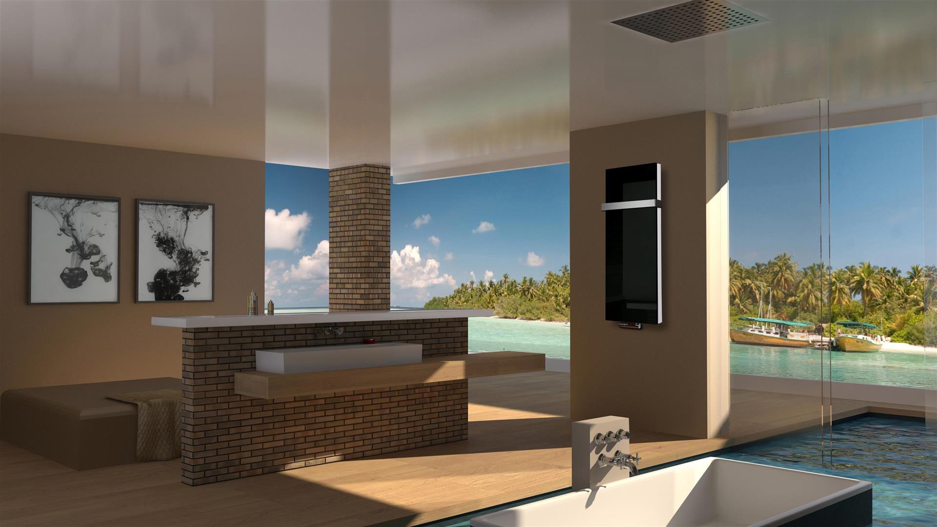 BADHEIZKÖRPER Glas Montevideo 5 Glasfront 120x47cm 1458 Watt schwarz + 1 Handtuchhalter 15x15mm SZAGATO Designheizkörper mit Mittelanschluss