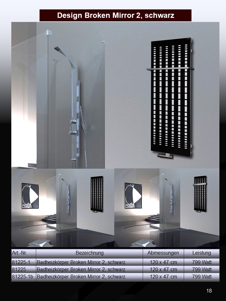 BADHEIZKÖRPER Design broken Mirror 2 120x47cm 799 Watt schwarz SZAGATO Designheizkörper Handtuchheizkörper mit Mittelanschluss Handtuchwärmer