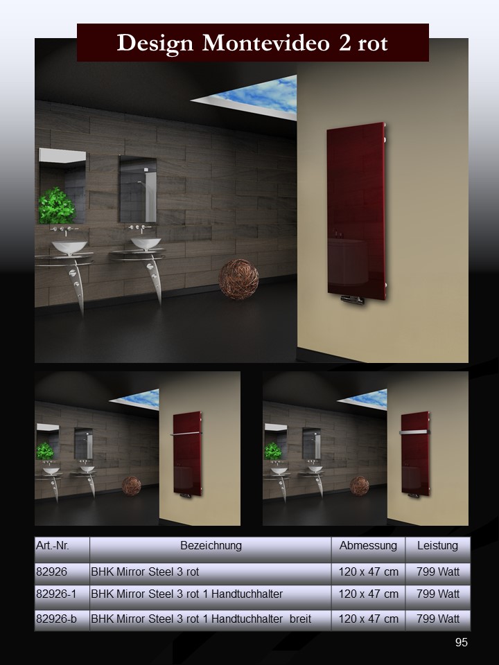 Badheizkörper mit Glas Design Montevideo 2 (Glasfront) 120x47cm 799 Watt rot (+1 Halter 50mm) SZAGATO Designheizkörper Mittelanschluss Handtuchwärmer