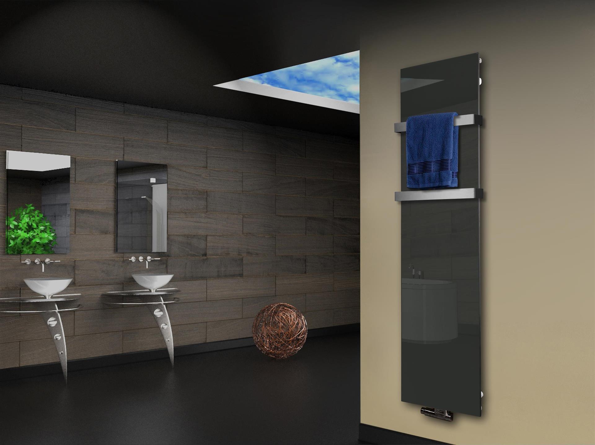 Badheizkörper mit Glas Design Montevideo 3 (Glasfront) 180x47cm 1118 Watt anthrazit - moon (+2 Halter 50mm) SZAGATO Designheizkörper Mittelanschluss