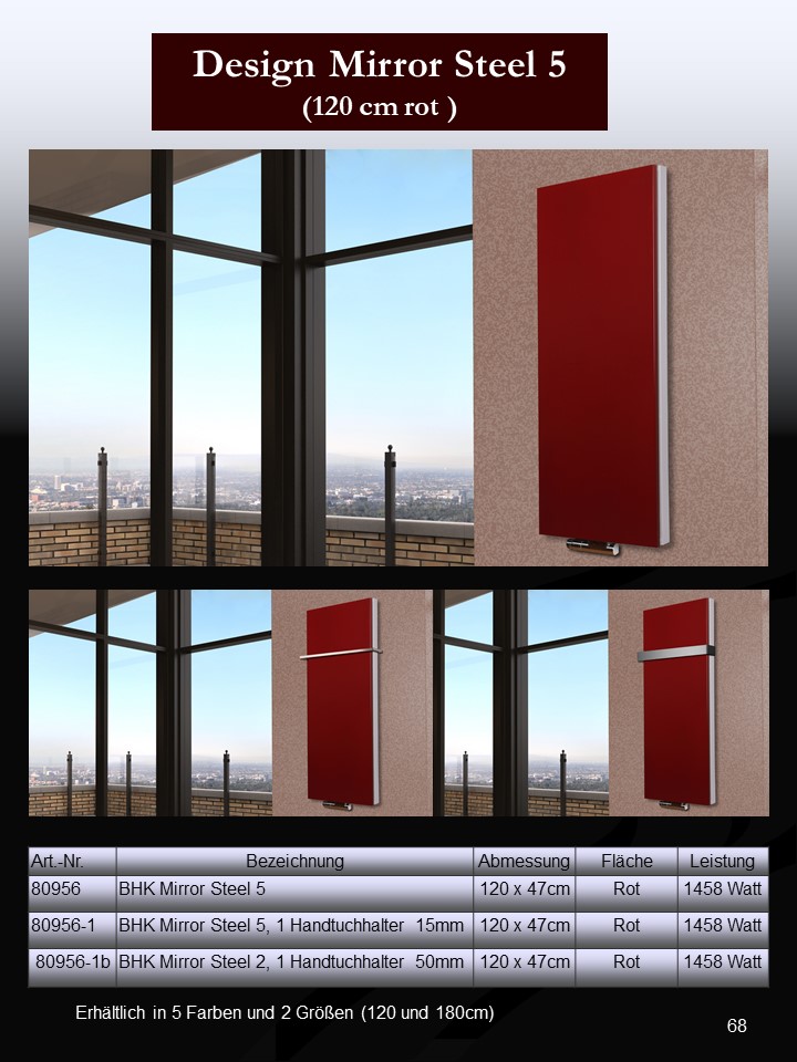BADHEIZKÖRPER Design Mirror Steel 5 120x47cm 1458 Watt rot +1 Halter 50mm SZAGATO Designheizkörper Handtuchheizkörper Mittelanschluss Handtuchwärmer