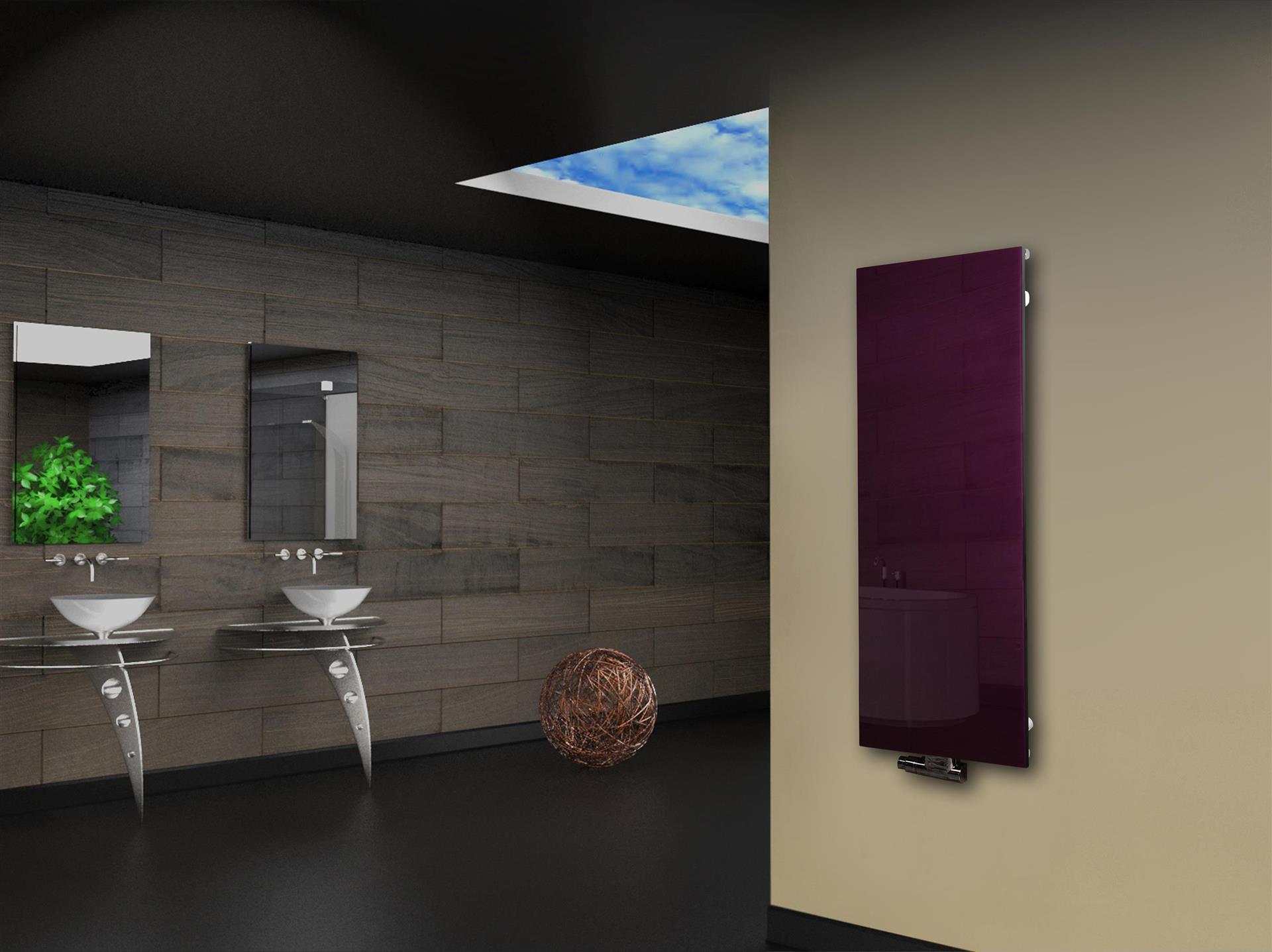 Badheizkörper mit Glas Design Montevideo 2 Glasfront 120x47cm 799 Watt violett SZAGATO Design Handtuchheizkörper mit Mittelanschluss Handtuchwärmer
