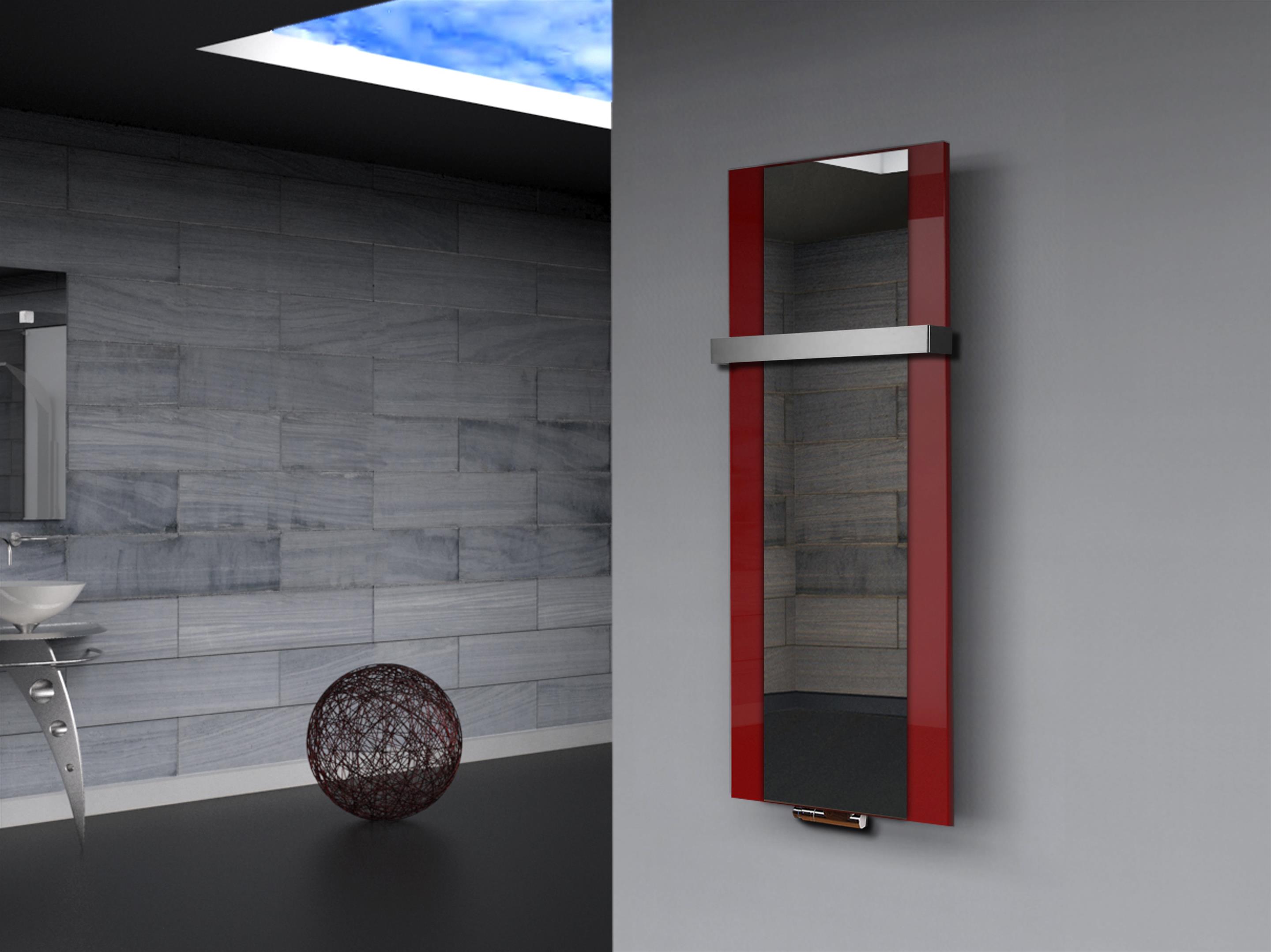 BADHEIZKÖRPER mit Spiegel Design Singapur 2 120x47cm 799 Watt rot  (+1 Halter 50mm) SZAGATO Designheizkörper mit Mittelanschluss Handtuchwärmer