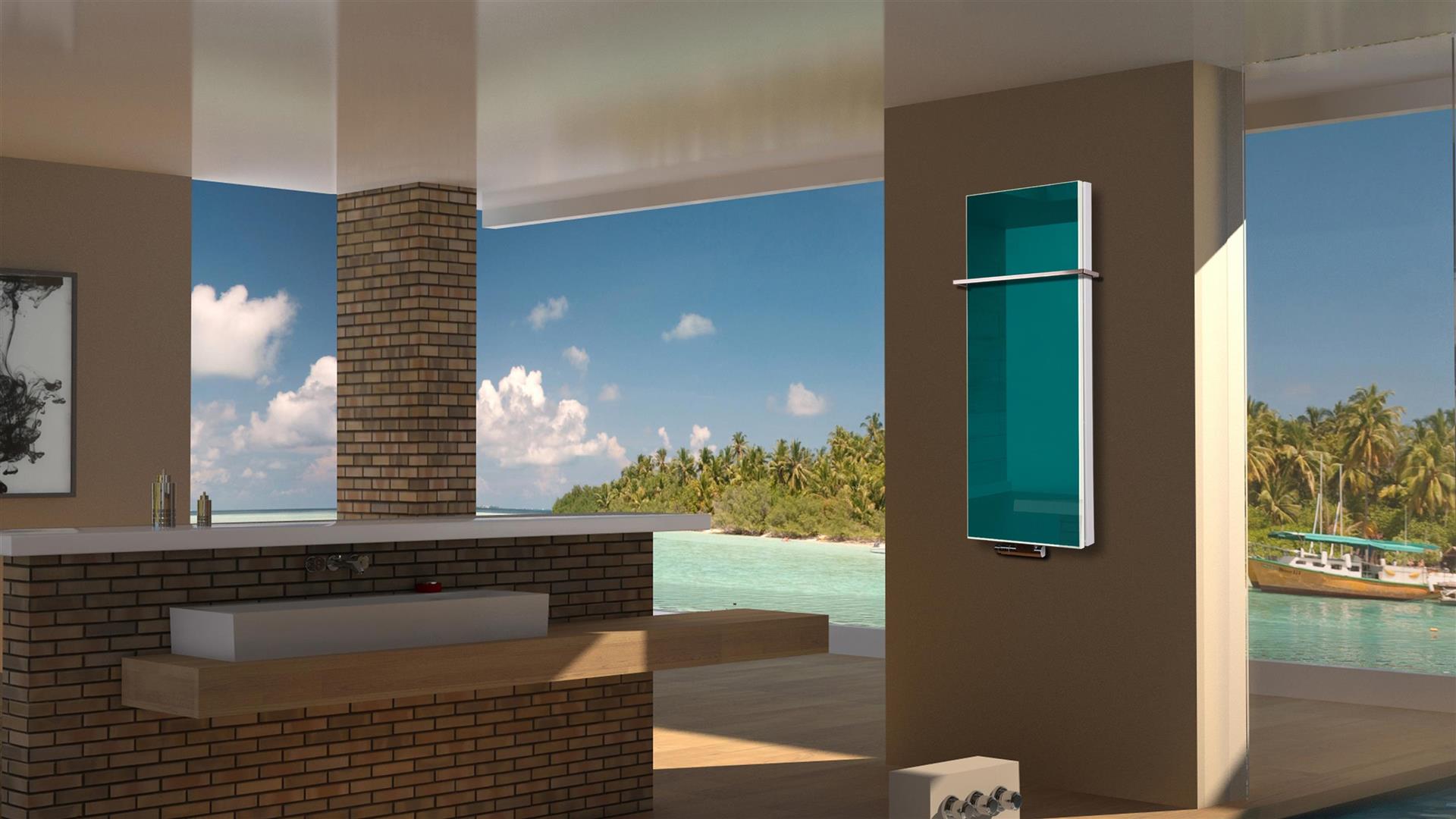 BADHEIZKÖRPER Glas Montevideo 5 Glasfront 120x47cm 1458Watt türkis +1 Halter 15mm SZAGATO Designheizkörper Handtuchheizkörper mit Mittelanschluss