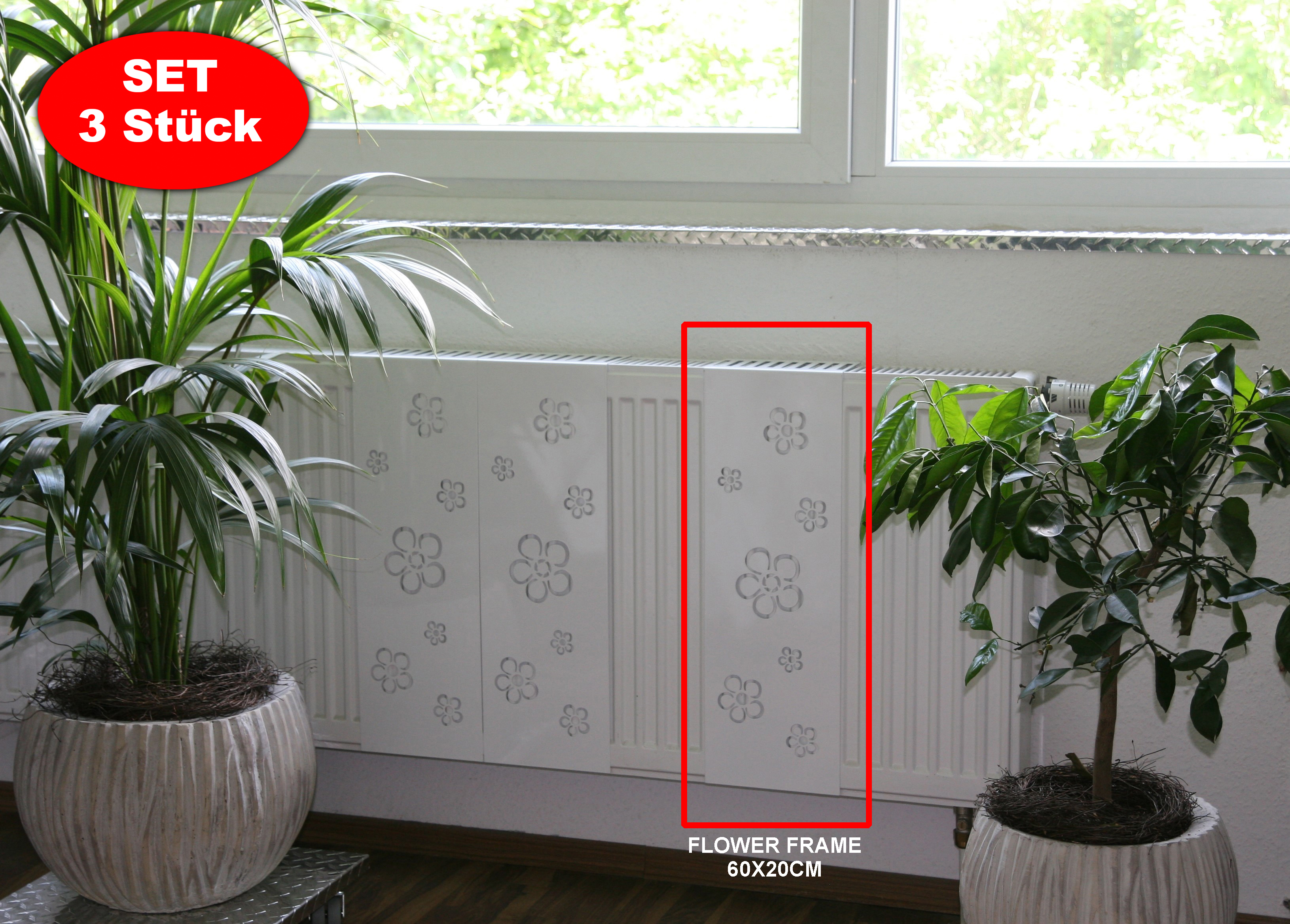 Heizkörperverkleidung 60 x 20cm Design Flower Frame weiß (SET=3 Stück) SZAGATO Heizungsverkleidung Verkleidung Heizkörper Abdeckung für Heizkörper