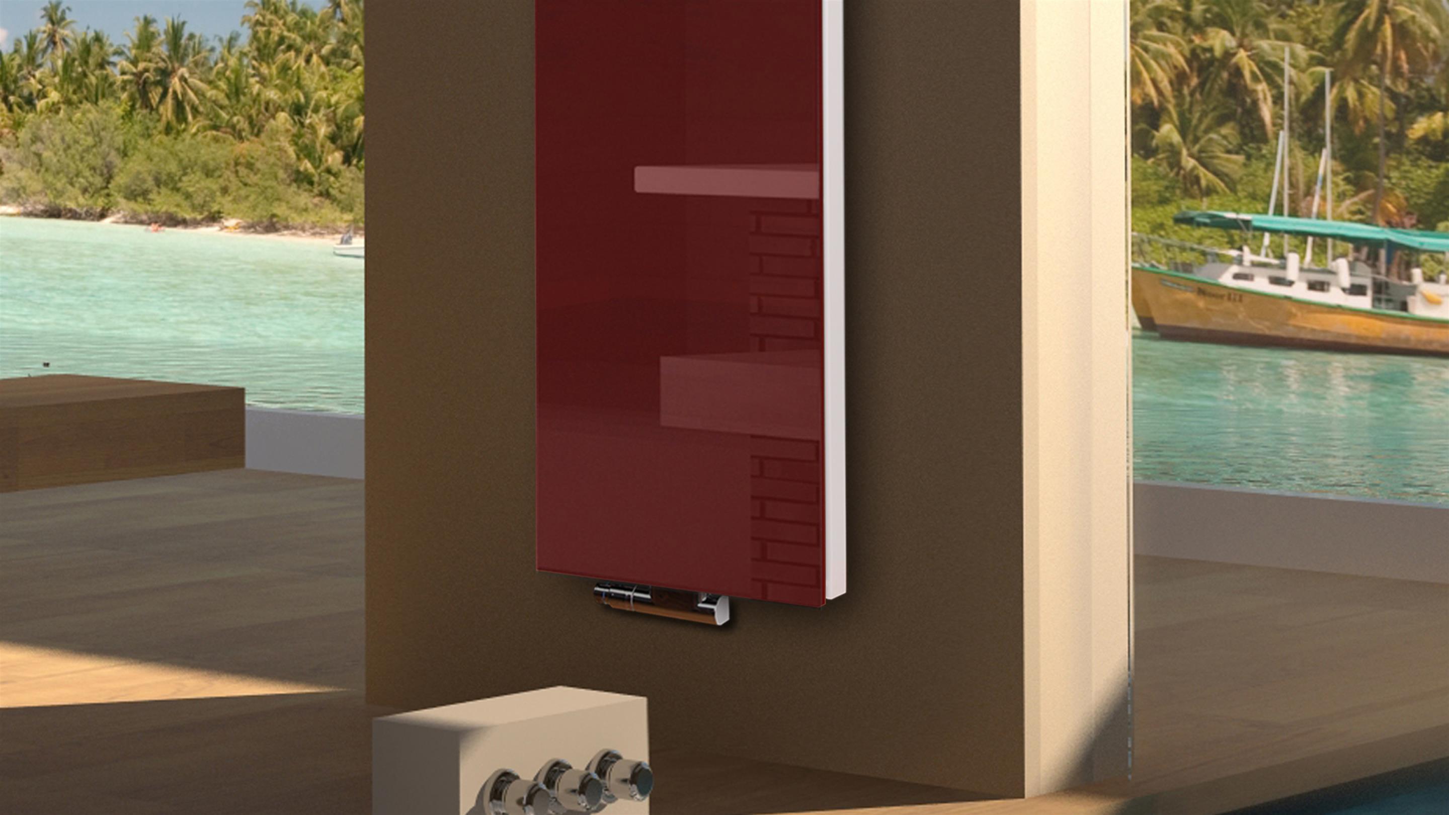 BADHEIZKÖRPER Glas Montevideo 6 Glasfront 180x47cm 1964 Watt rot + 2 Halter 50mm SZAGATO Designheizkörper Handtuchheizkörper mit Mittelanschluss