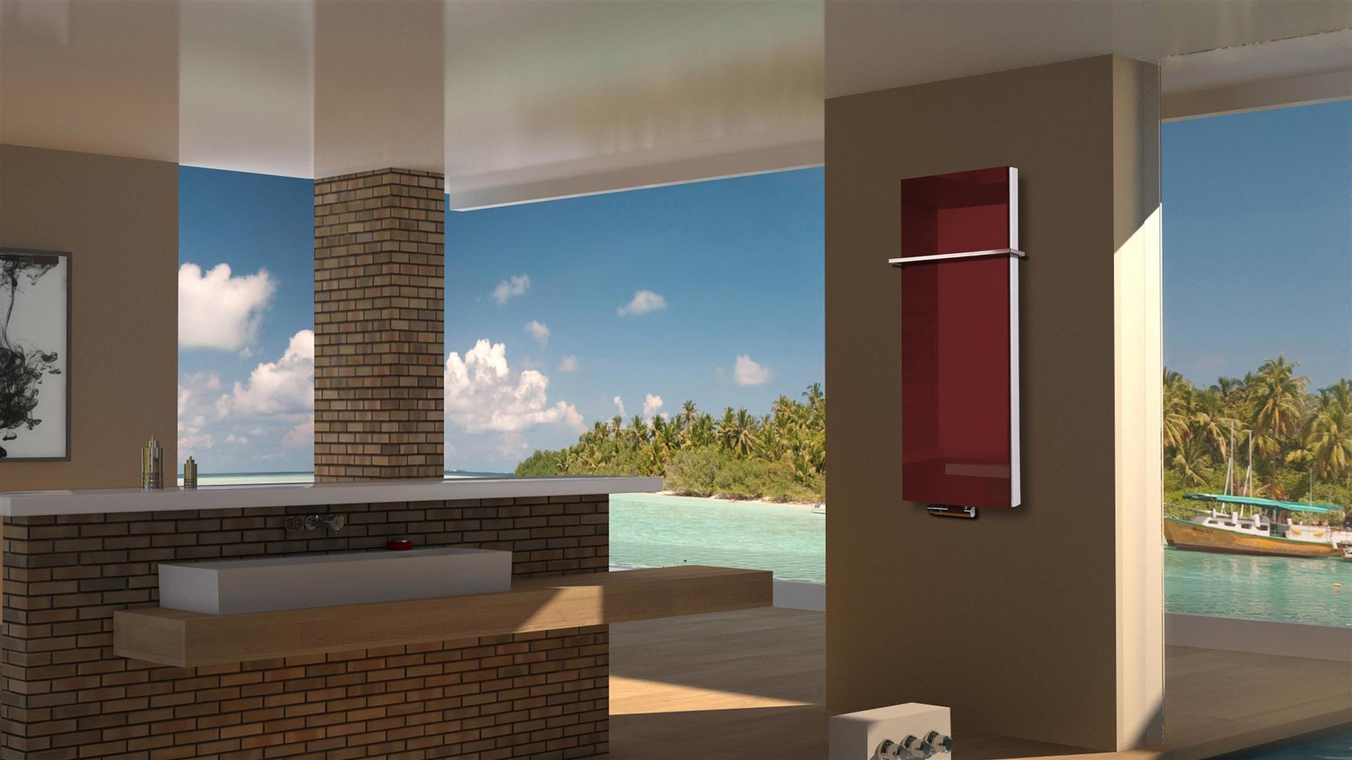 BADHEIZKÖRPER mit Glas Montevideo 5 Glasfront 120x47cm 1458 Watt rot +1 Halter 15mm SZAGATO Designheizkörper Handtuchheizkörper mit Mittelanschluss