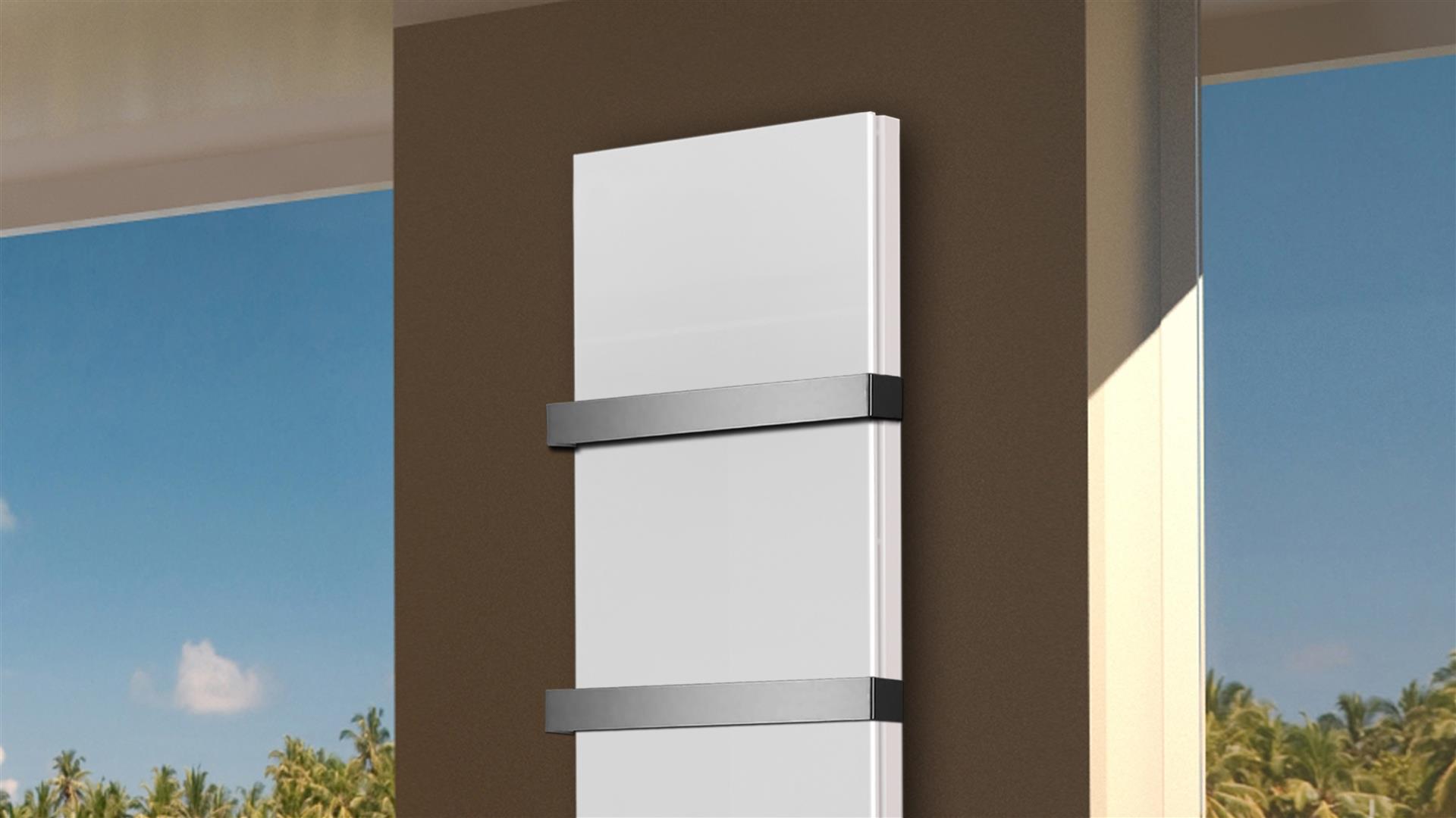 BADHEIZKÖRPER Glas Montevideo 6 Glasfront 180x47cm 1964 Watt weiß +2 Halter 50mm SZAGATO Designheizkörper Handtuchheizkörper mit Mittelanschluss