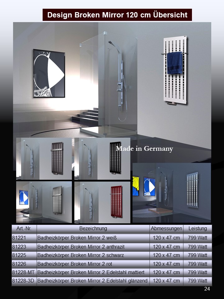 BADHEIZKÖRPER Design broken Mirror 2 120x47cm 799 Watt Edelstahl (+1 Halter 50mm) SZAGATO Designheizkörper Mittelanschluss Handtuchwärmer Heizkörper