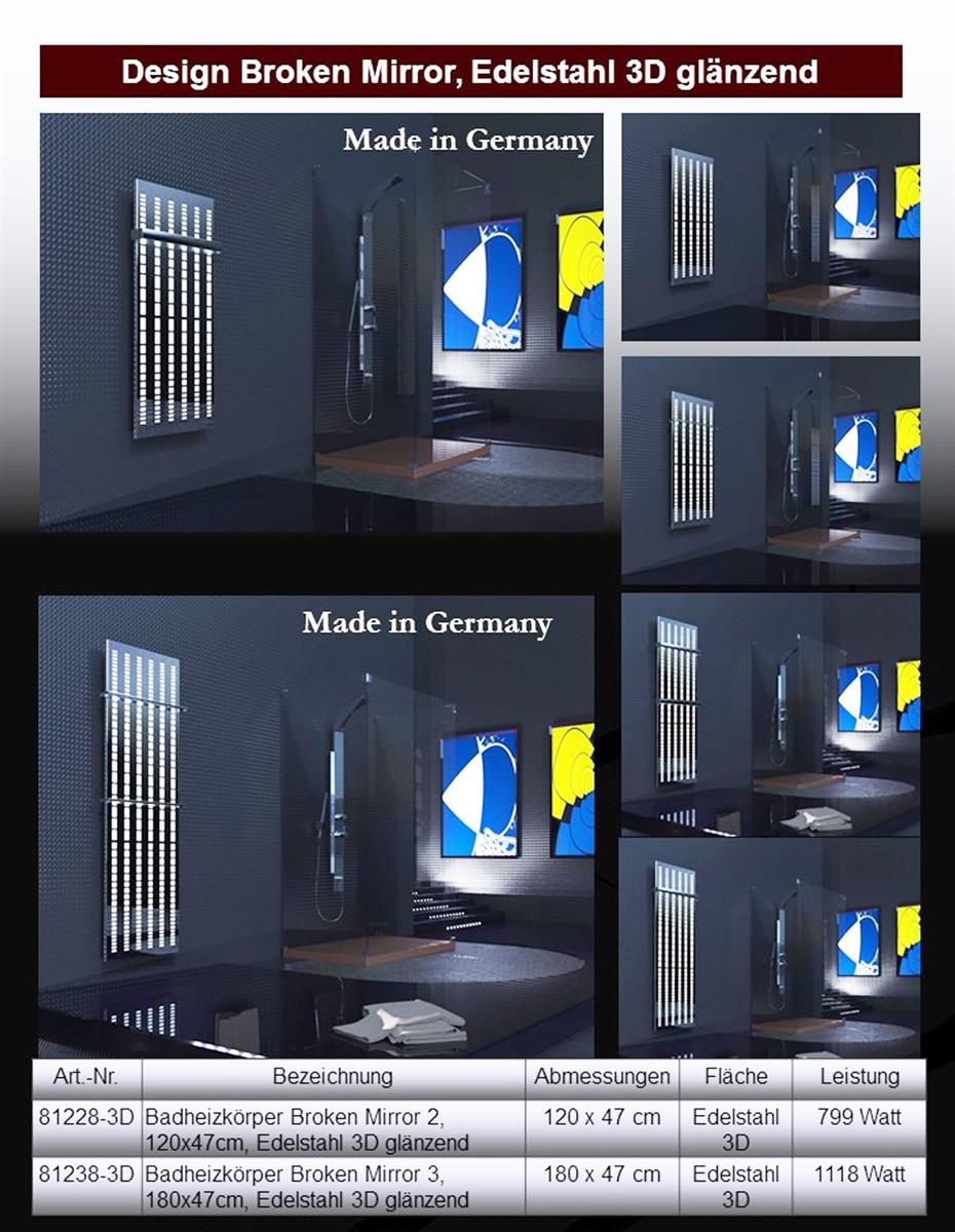 BADHEIZKÖRPER Design broken Mirror 3 180x47cm 1118 Watt Edelstahl (+1 Halter glänzend 50mm) SZAGATO Designheizkörper Mittelanschluss Handtuchwärmer