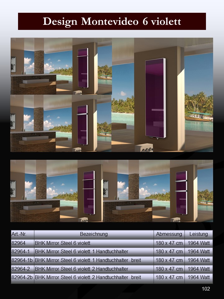 BADHEIZKÖRPER Glas Montevideo 6 Glasfront 180x47cm 1964 Watt violett +2 Halter 50mm SZAGATO Designheizkörper Handtuchheizkörper mit Mittelanschluss