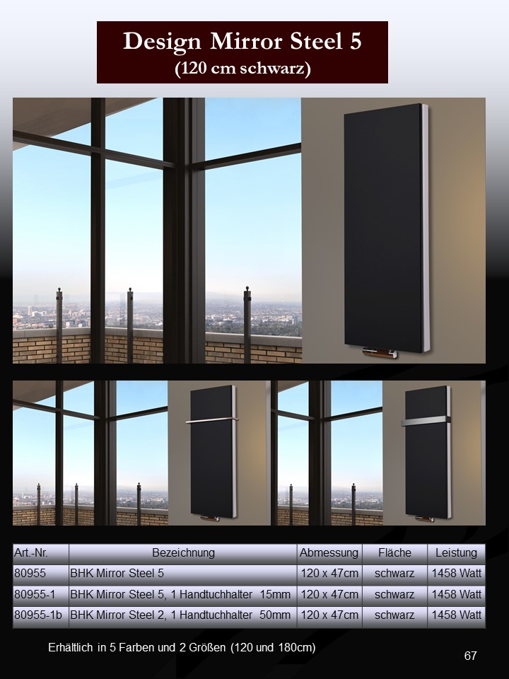 BADHEIZKÖRPER Design Mirror Steel 5 120x47cm 1458 Watt schwarz (+1 Halter 50mm) SZAGATO Designheizkörper Handtuchheizkörper mit Mittelanschluss