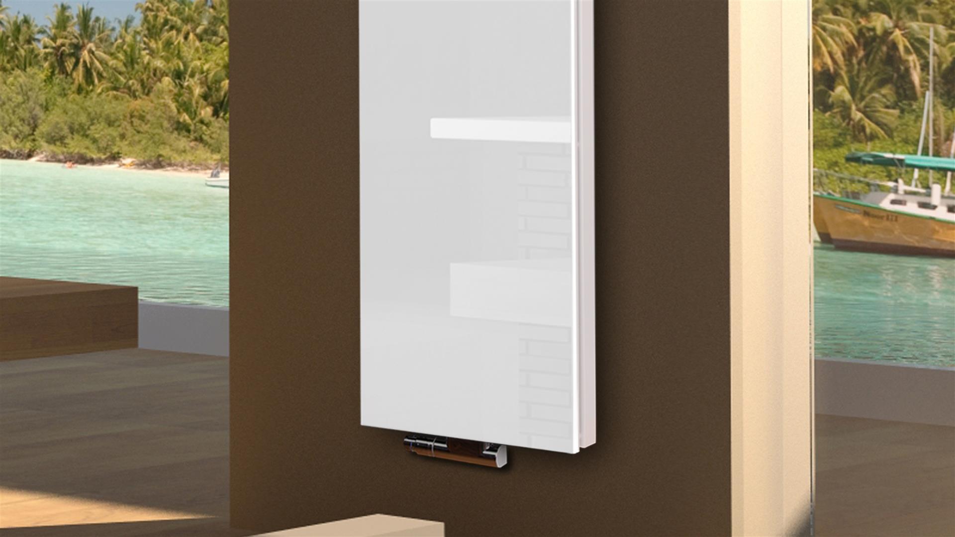 BADHEIZKÖRPER Glas Montevideo 6 Glasfront 180x47cm 1964 Watt weiß +2 Halter 50mm SZAGATO Designheizkörper Handtuchheizkörper mit Mittelanschluss