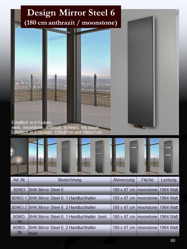 BADHEIZKÖRPER Design Mirror Steel 5 120x47cm 1458 Watt anthrazit - moonstone (+1 Halter 50mm) SZAGATO Designheizkörper Mittelanschluss Handtuchwärmer