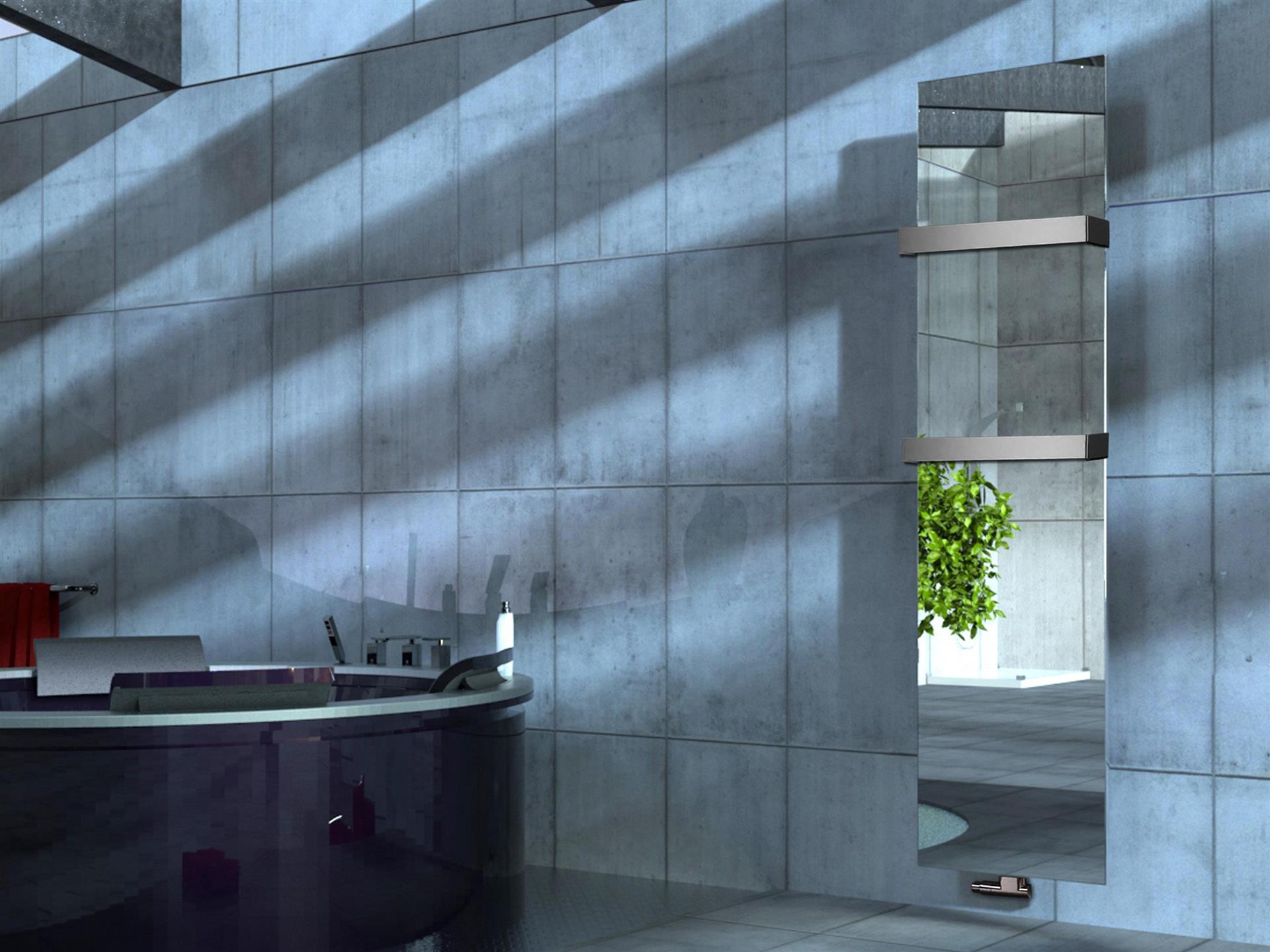 BADHEIZKÖRPER mit Spiegel Design Mirror 3 180x47cm 1118 Watt Edelstahl (+2 Halter 50mm) SZAGATO Designheizkörper mit Mittelanschluss Handtuchwärmer