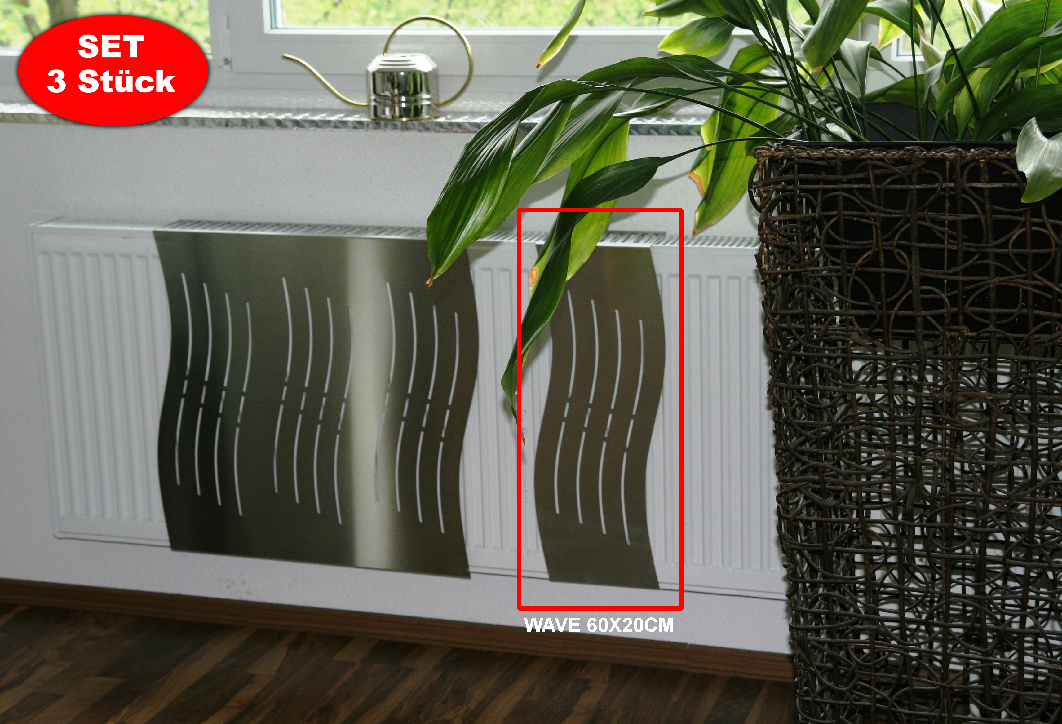 Heizkörperverkleidung 60 x 20cm Design Wave Edelstahl (SET=3 Stück) SZAGATO Heizungsverkleidung Verkleidung Heizkörper Abdeckung für Heizkörper