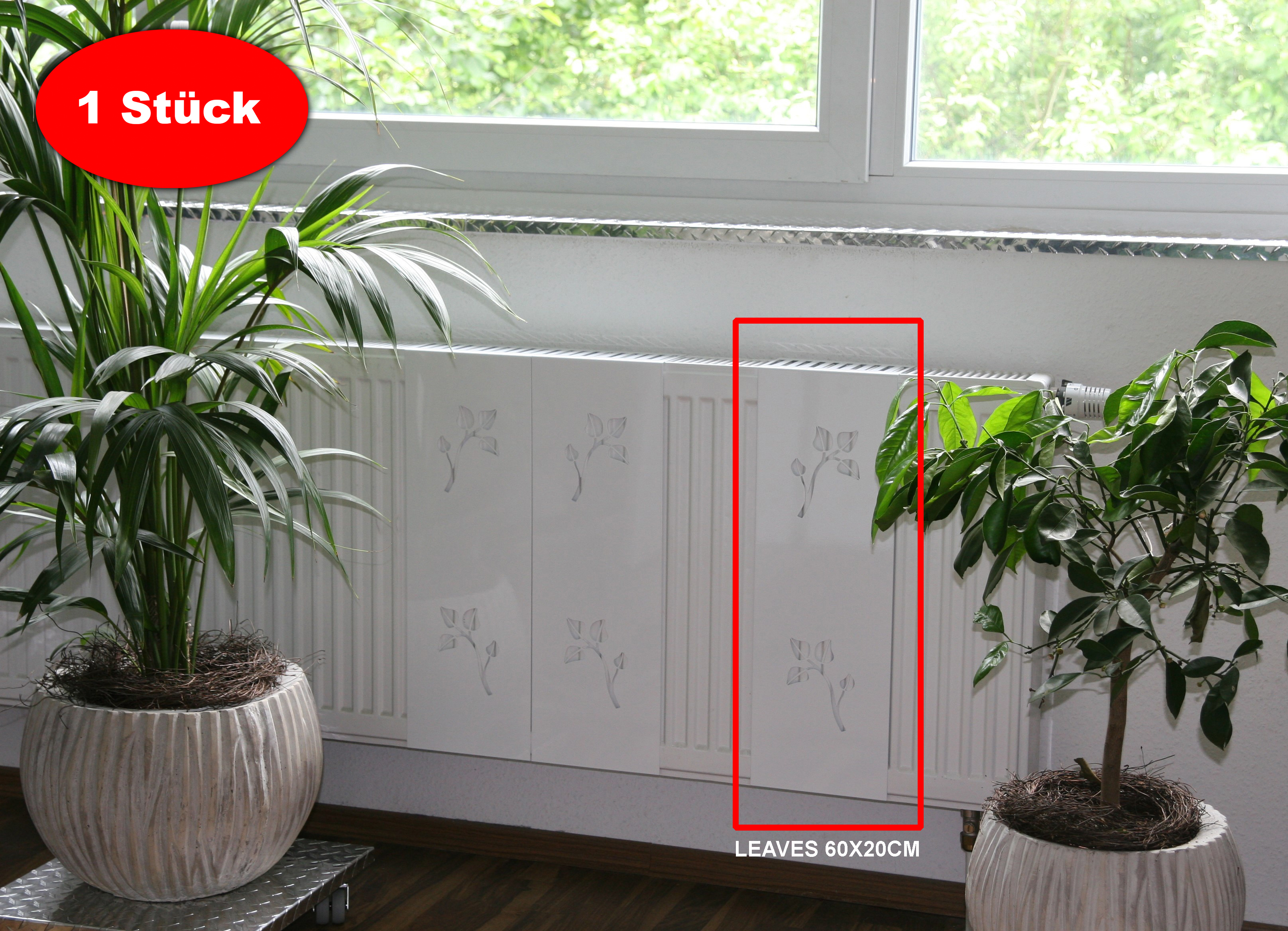 Heizkörperverkleidung 60 x 20cm Design Leaves weiß 1 Stück SZAGATO Heizungsverkleidung Verkleidung Heizkörper Abdeckung Heizkörper Heizungsabdeckung