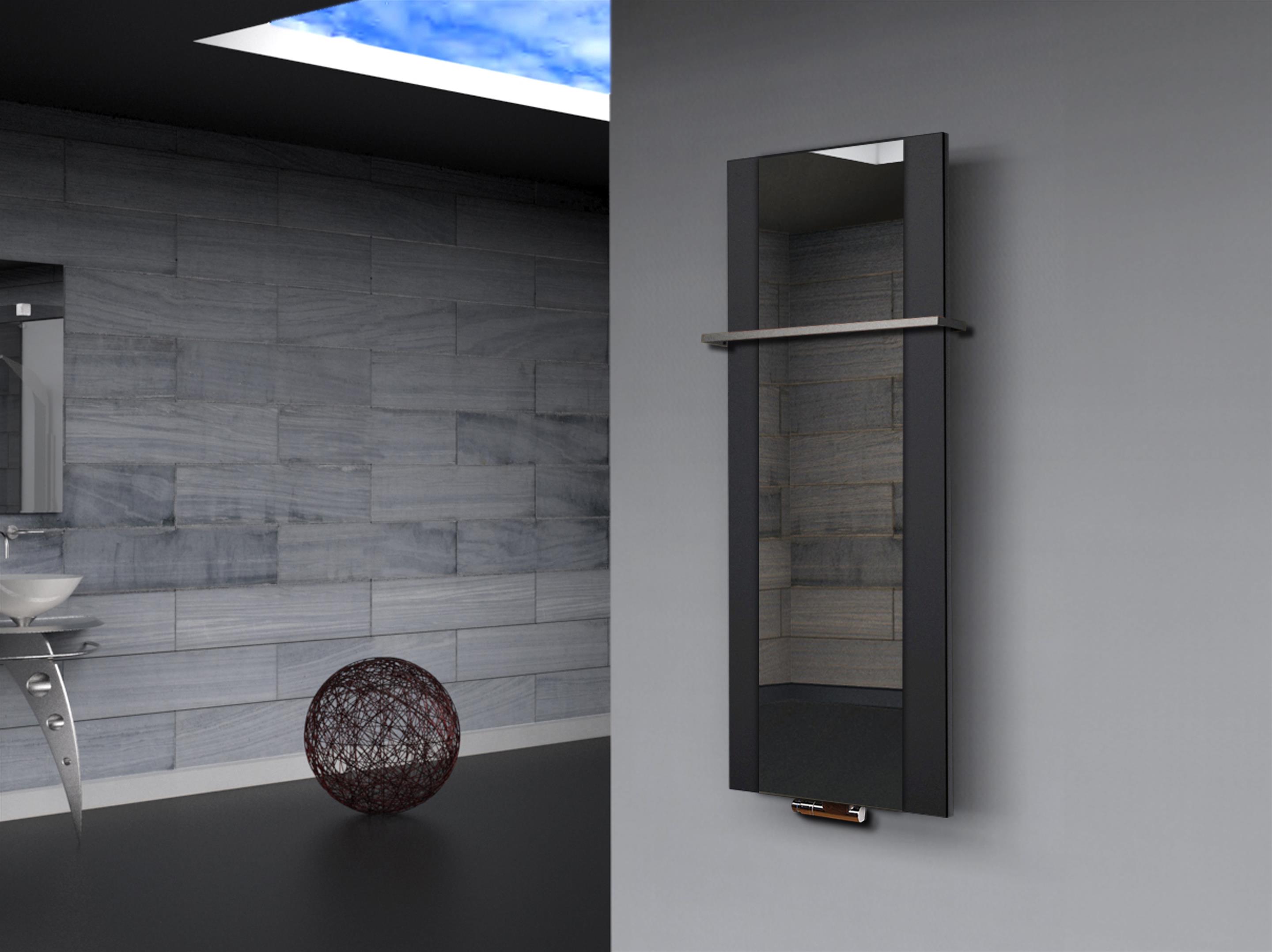 BADHEIZKÖRPER mit Spiegel Design Singapur 2 120x47cm 799 Watt schwarz  (+1 Halter 15mm) SZAGATO Designheizkörper mit Mittelanschluss Handtuchwärmer