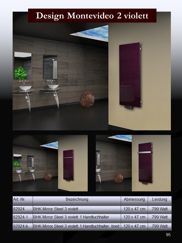 Badheizkörper mit Glas Design Montevideo 2 (Glasfront) 120x47cm 799 Watt violett (+1 Halter 50mm) SZAGATO Designheizkörper mit Mittelanschluss