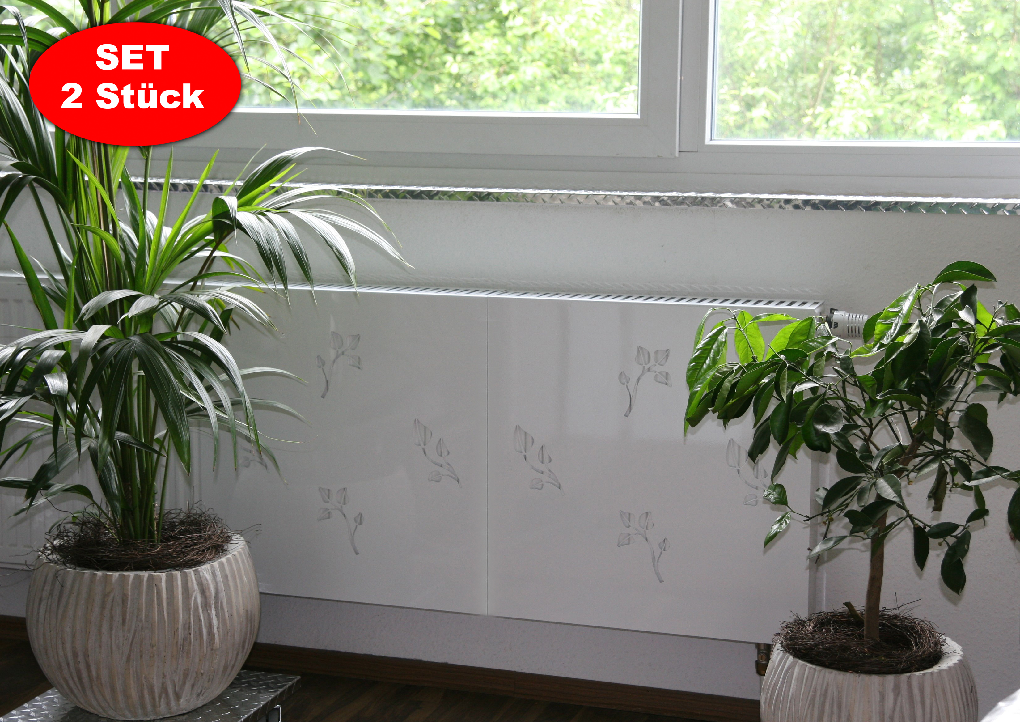 Heizkörperverkleidung 60 x 60cm Design Leaves weiß (SET= 2 Stück) SZAGATO Heizungsverkleidung Verkleidung Heizkörper Abdeckung für Heizkörper