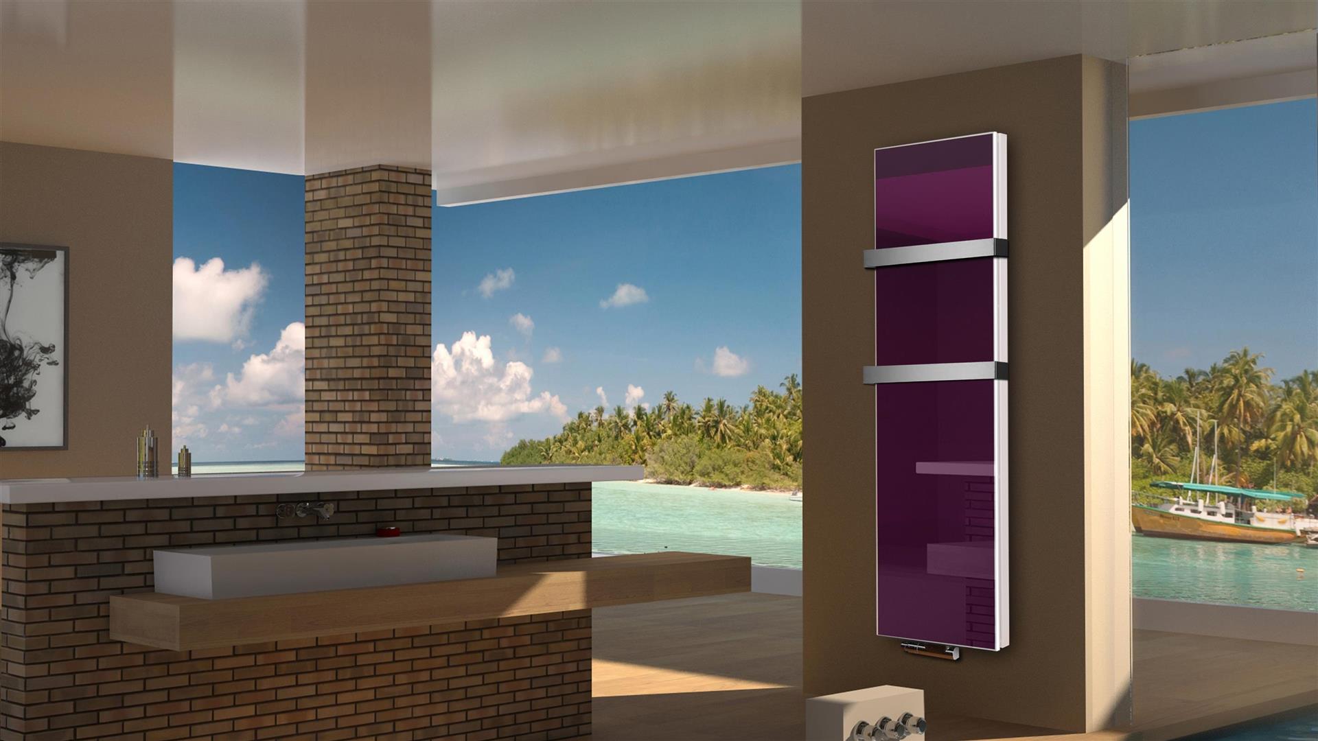 BADHEIZKÖRPER Glas Montevideo 6 Glasfront 180x47cm 1964 Watt violett +2 Halter 50mm SZAGATO Designheizkörper Handtuchheizkörper mit Mittelanschluss