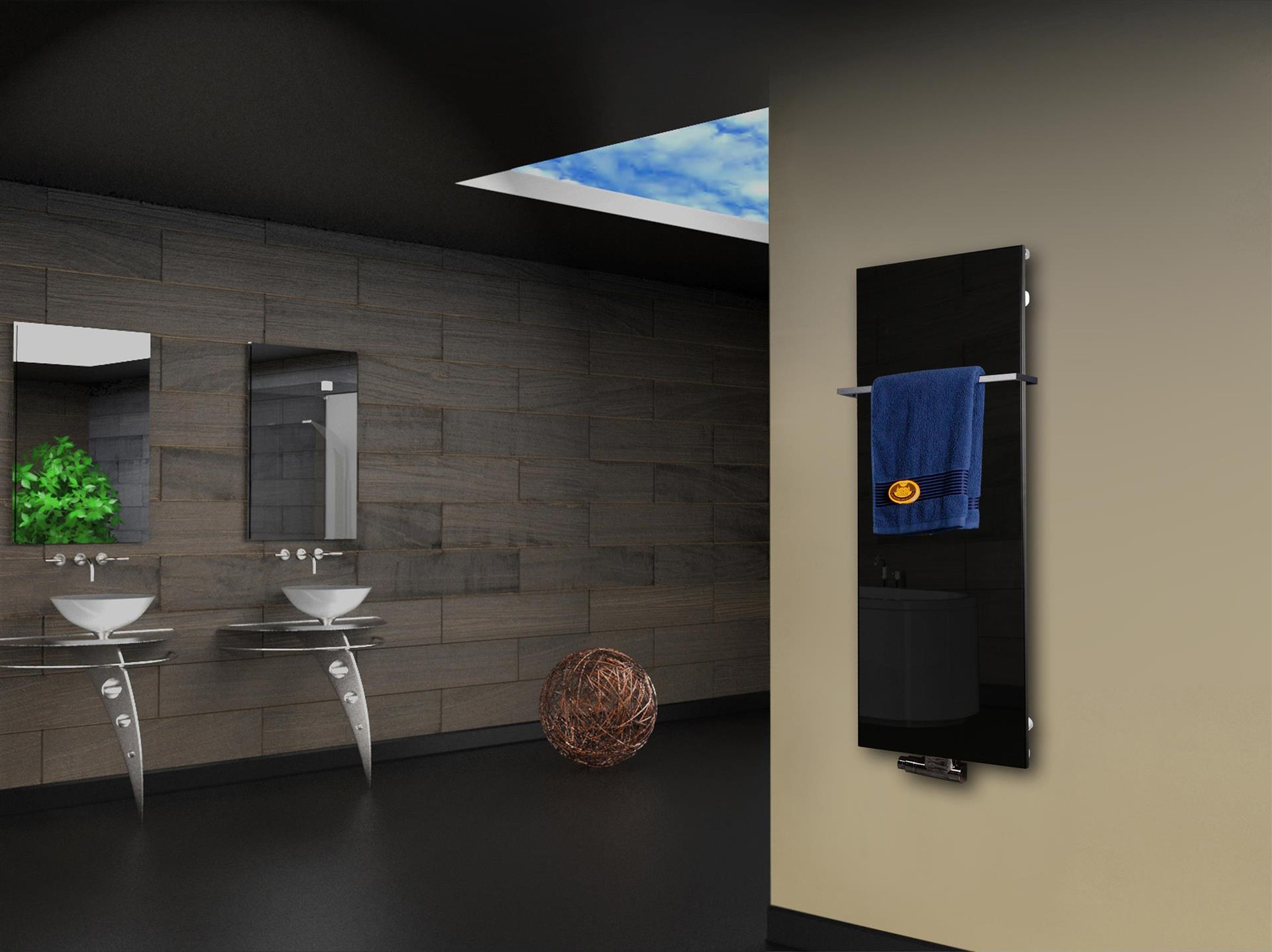 Badheizkörper mit Glas Design Montevideo 2 (Glasfront) 120x47cm 799 Watt schwarz (+1 Halter 15mm) SZAGATO Designheizkörper mit Mittelanschluss