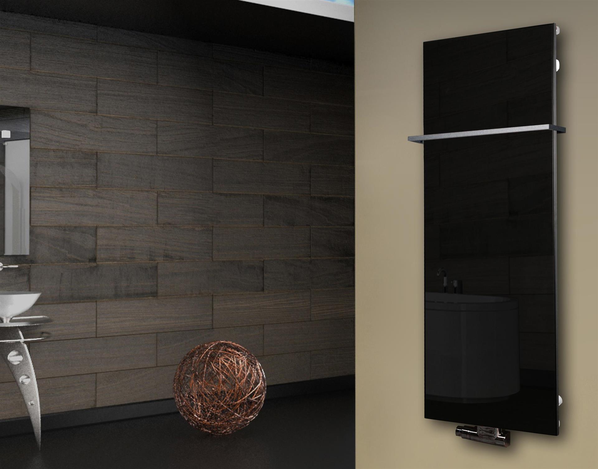 Badheizkörper mit Glas Design Montevideo 2 (Glasfront) 120x47cm 799 Watt schwarz (+1 Halter 15mm) SZAGATO Designheizkörper mit Mittelanschluss