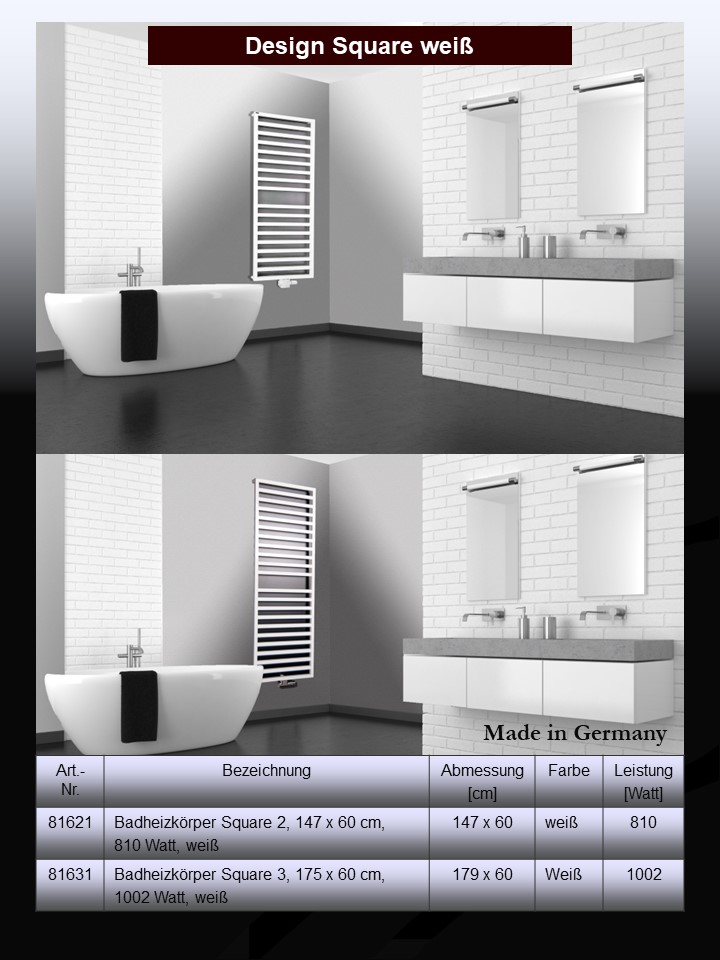 BADHEIZKÖRPER Design Square 2 147x60cm 810 Watt weiß SZAGATO Designheizkörper Handtuchheizkörper mit Mittelanschluss Handtuchwärmer