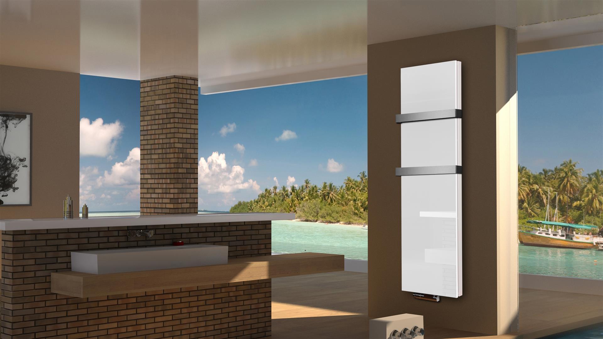 BADHEIZKÖRPER Glas Montevideo 6 Glasfront 180x47cm 1964 Watt weiß +2 Halter 50mm SZAGATO Designheizkörper Handtuchheizkörper mit Mittelanschluss