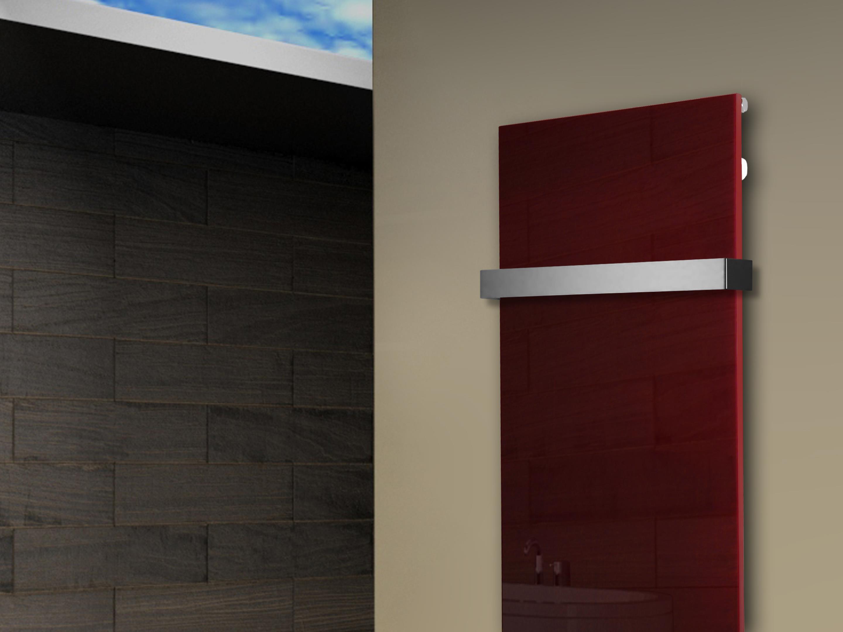 Badheizkörper mit Glas Design Montevideo 2 (Glasfront) 120x47cm 799 Watt rot (+1 Halter 50mm) SZAGATO Designheizkörper Mittelanschluss Handtuchwärmer