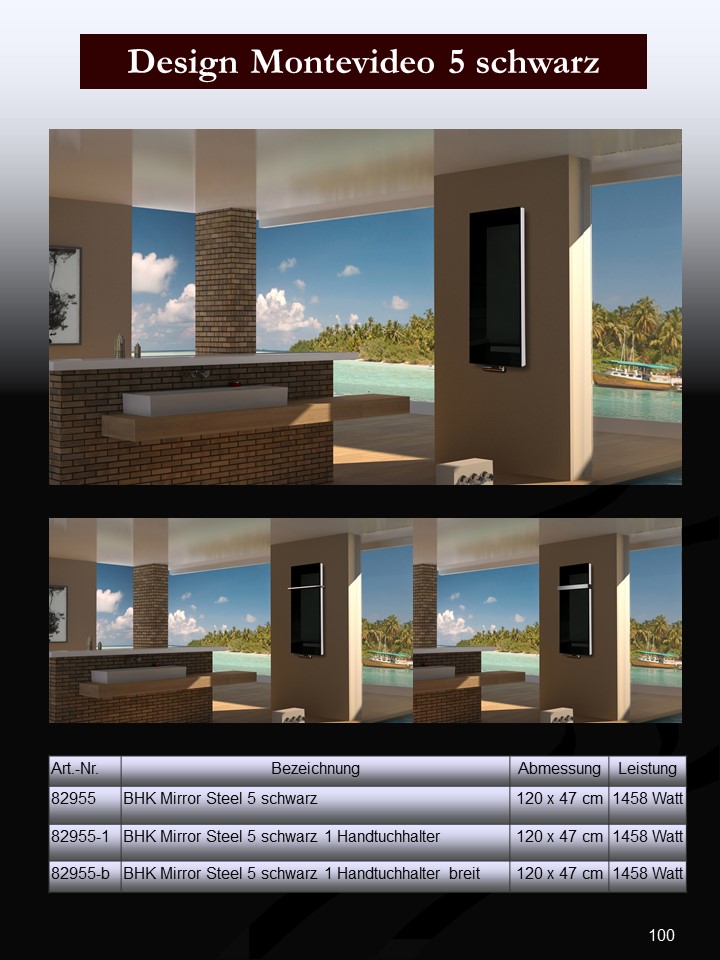 BADHEIZKÖRPER Glas Montevideo 5 Glasfront 120x47cm 1458 Watt schwarz + 1 Handtuchhalter 15x15mm SZAGATO Designheizkörper mit Mittelanschluss