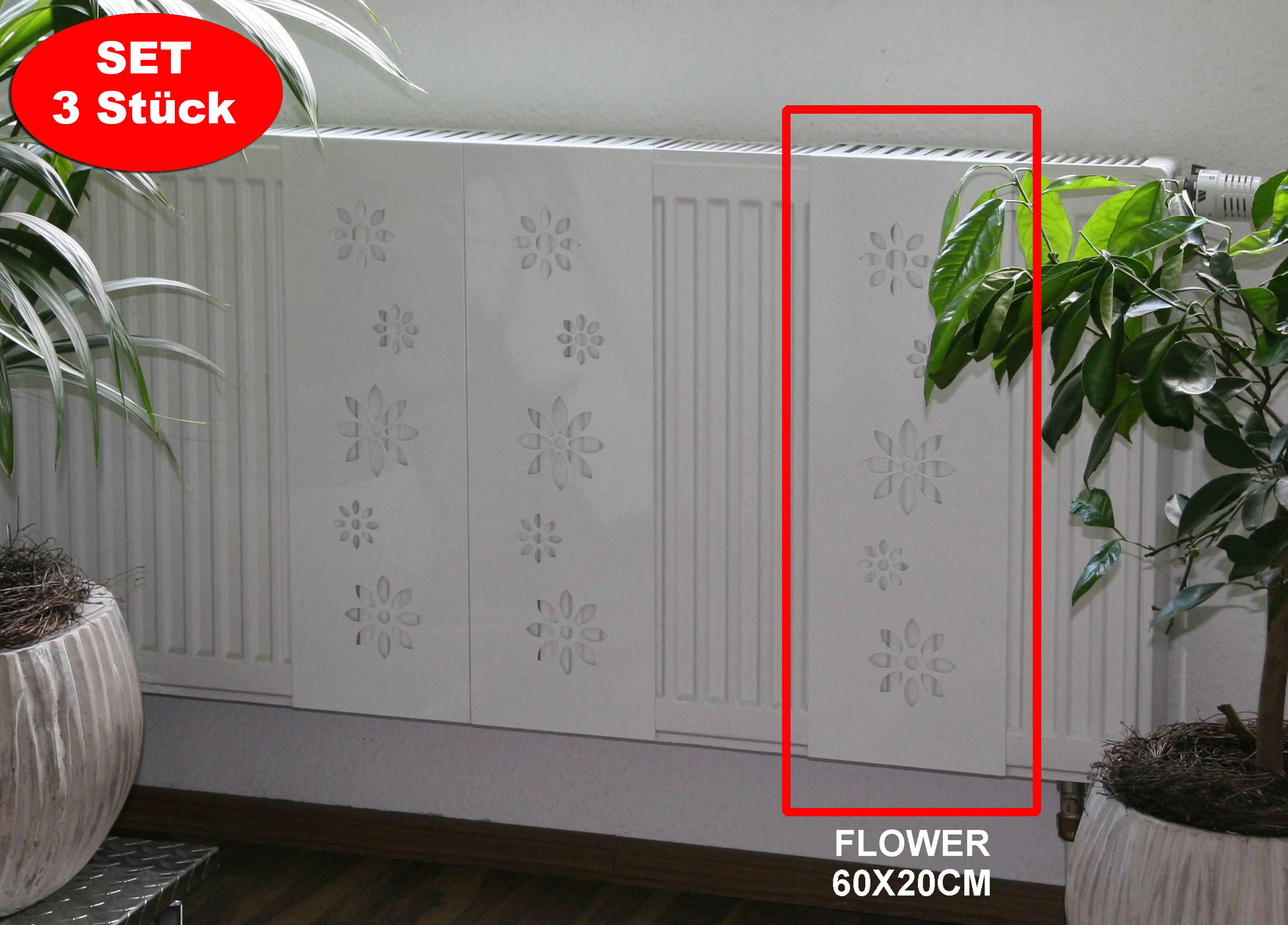 Heizkörperverkleidung 60 x 20cm Design Flower weiß (SET=3 Stück) SZAGATO Heizungsverkleidung Verkleidung Heizkörper Abdeckung für Heizkörper