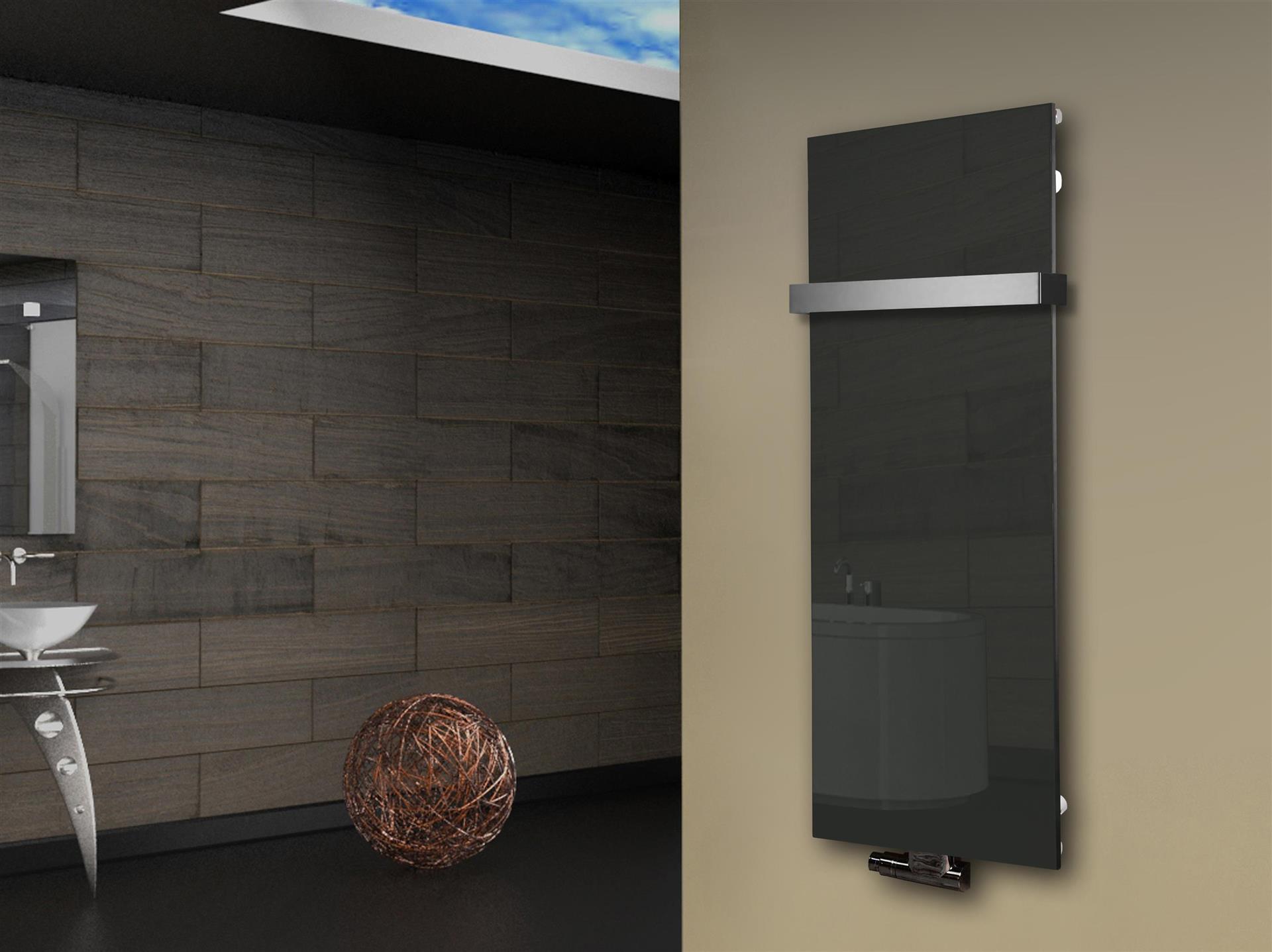 Badheizkörper mit Glas Design Montevideo 2 (Glasfront) 120x47cm 799 Watt anthrazit - moon +1 Halter 50mm SZAGATO Designheizkörper mit Mittelanschluss