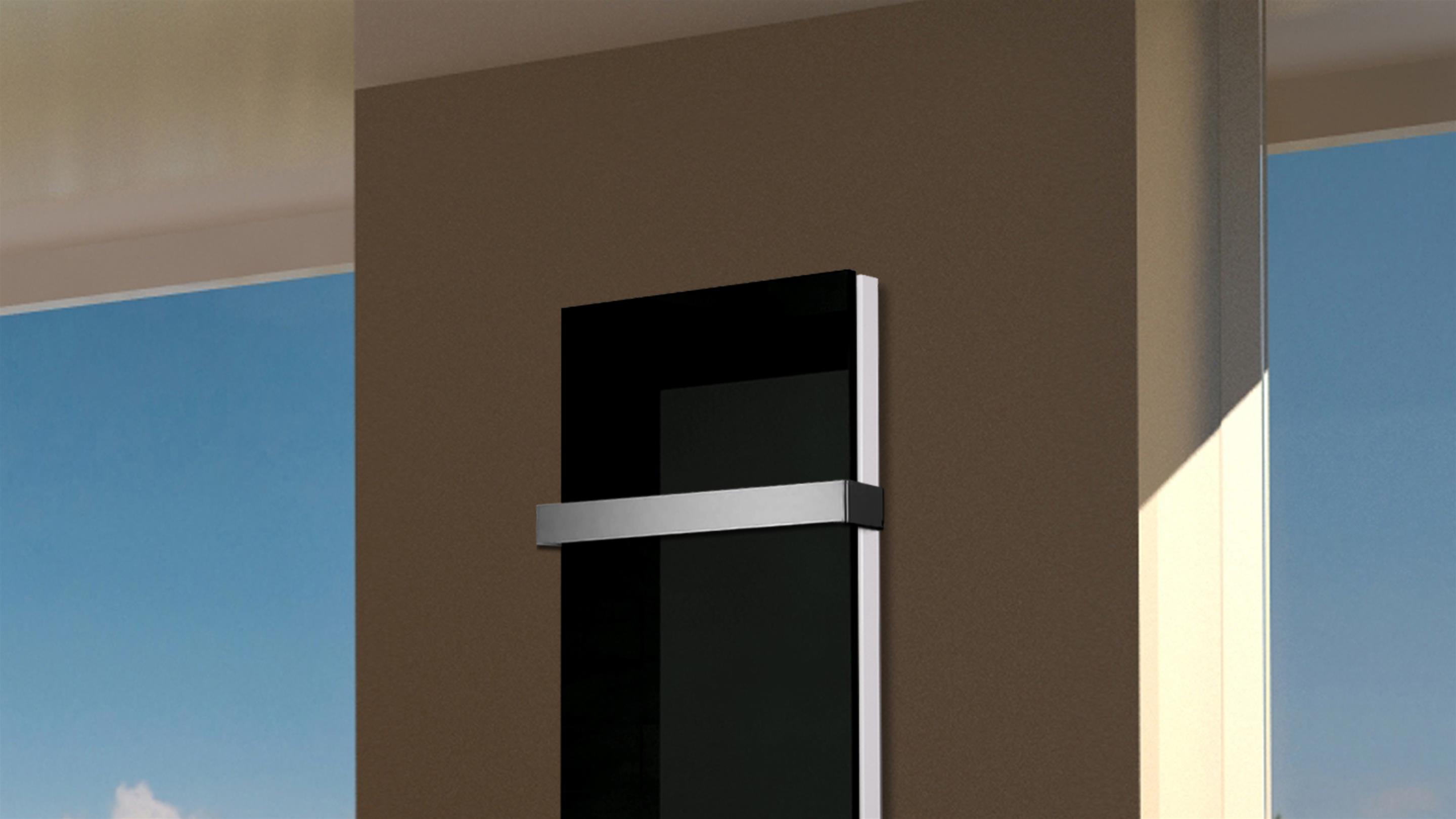 BADHEIZKÖRPER Glas Montevideo 5 Glasfront 120x47cm 1458 Watt schwarz + 1 Handtuchhalter 15x15mm SZAGATO Designheizkörper mit Mittelanschluss