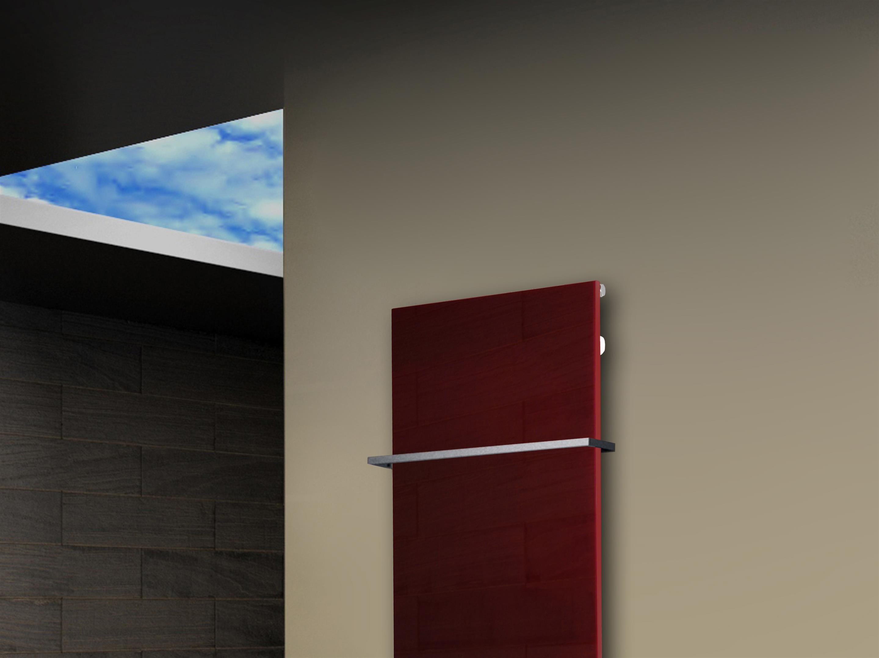 Badheizkörper mit Glas Design Montevideo 2 (Glasfront) 120x47cm 799Watt rot + 1 Halter Edelstahl 15x15mm SZAGATO Designheizkörper mit Mittelanschluss