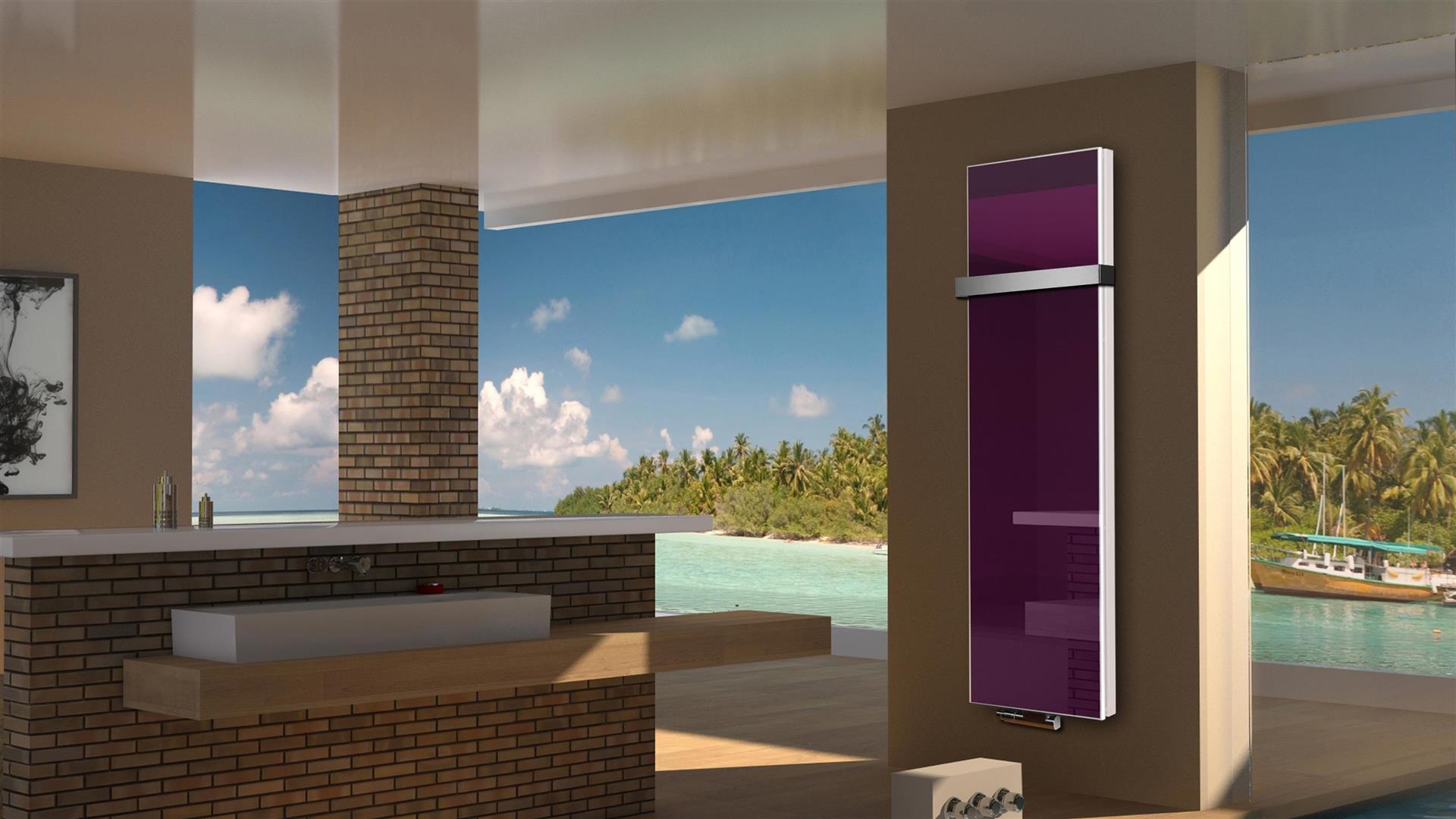 BADHEIZKÖRPER Glas Montevideo 6 Glasfront 180x47cm 1964 Watt violett +1 Halter 50mm SZAGATO Designheizkörper Handtuchheizkörper mit Mittelanschluss