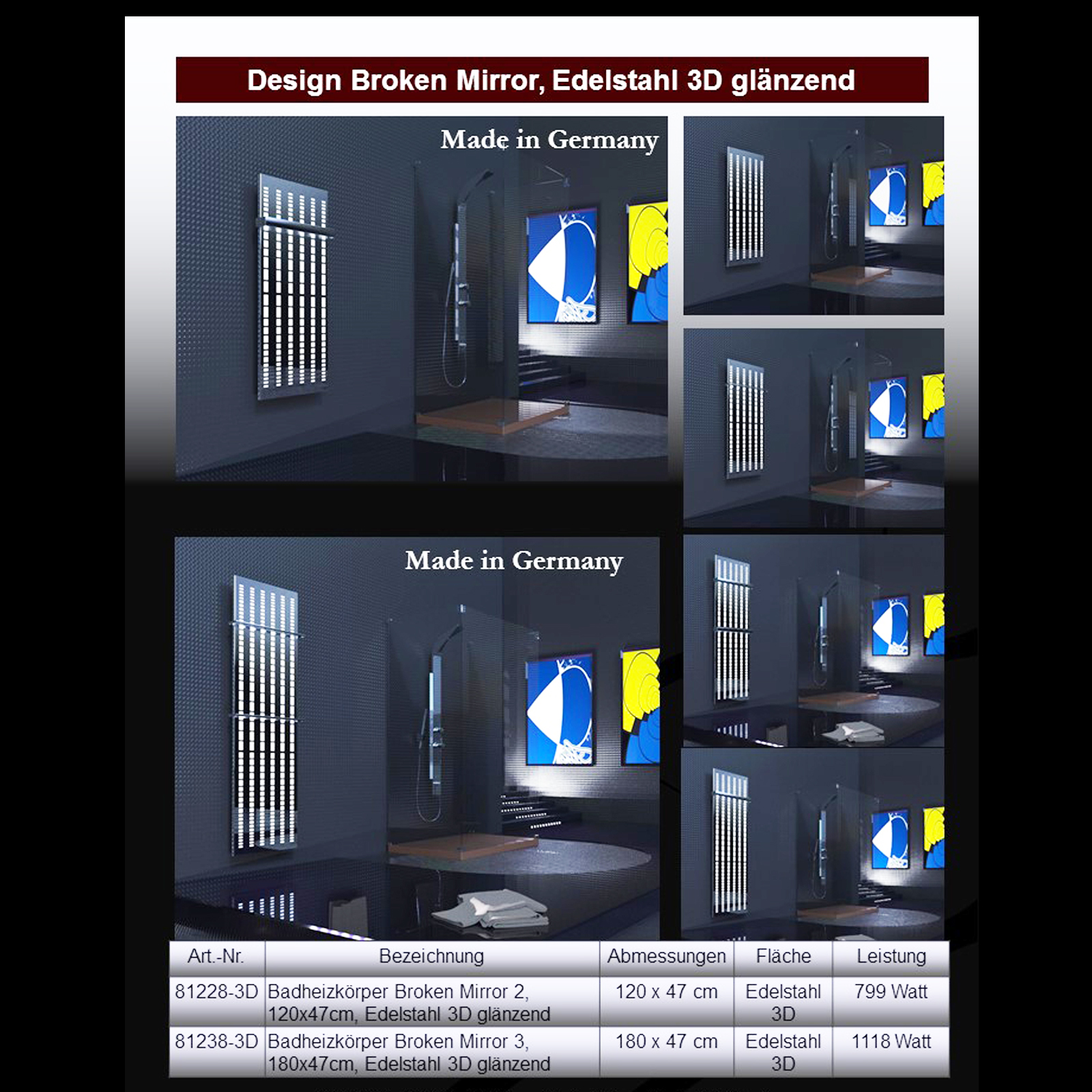 BADHEIZKÖRPER Design broken Mirror 2 120x47cm 799 Watt Edelstahl poliert SZAGATO Designheizkörper Handtuchheizkörper Mittelanschluss Handtuchwärmer