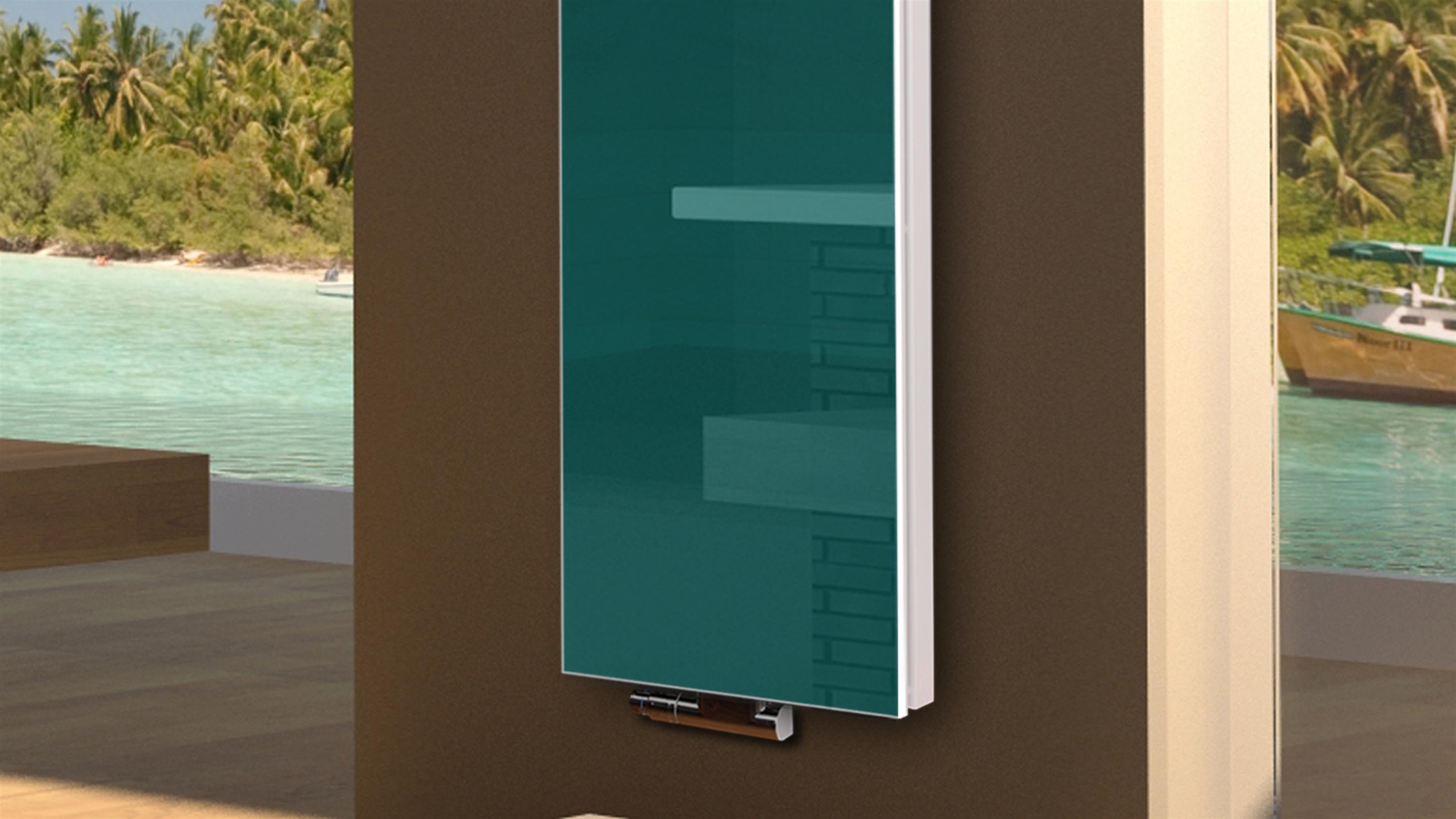 BADHEIZKÖRPER Glas Montevideo 6 Glasfront 180x47cm 1964 Watt türkis +2 Halter 50mm SZAGATO Designheizkörper Handtuchheizkörper mit Mittelanschluss