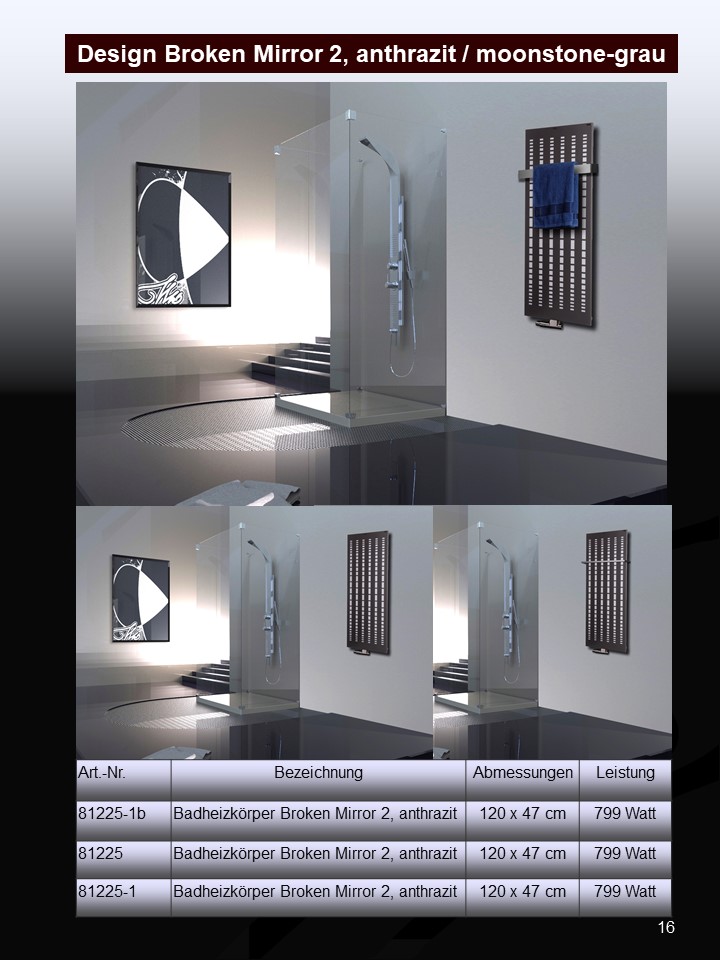 BADHEIZKÖRPER Design broken Mirror 2 120x47cm 799 Watt anthrazit moonstone SZAGATO Designheizkörper Handtuchheizkörper Mittelanschluss Handtuchwärmer