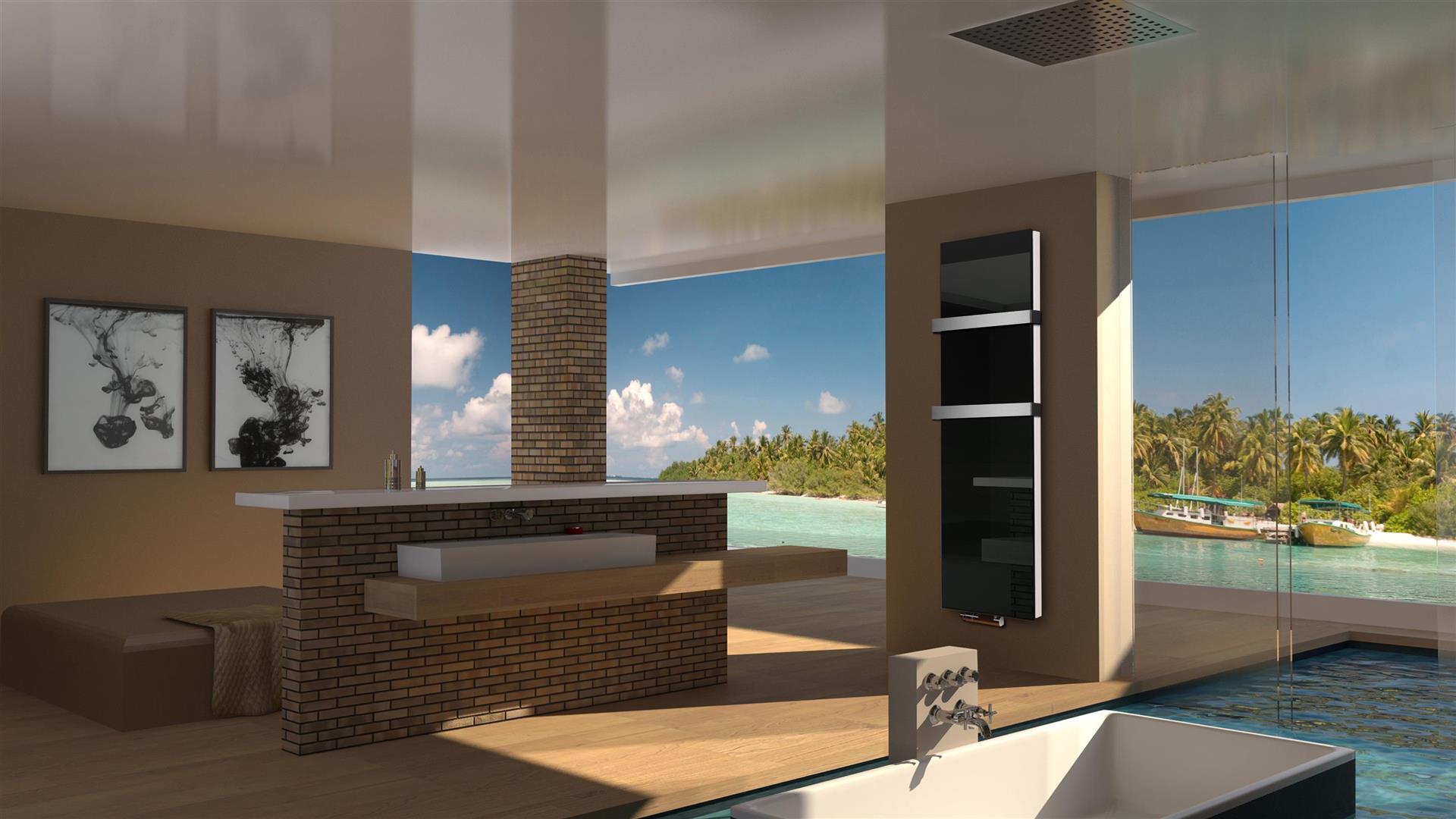 BADHEIZKÖRPER Glas Montevideo 6 Glasfront 180x47cm 1964 Watt schwarz +2 Halter 50mm SZAGATO Designheizkörper Handtuchheizkörper mit Mittelanschluss