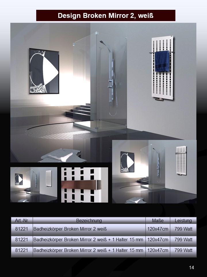 BADHEIZKÖRPER Design broken Mirror 2 120x47cm 799 Watt weiß SZAGATO Designheizkörper Handtuchheizkörper mit Mittelanschluss Handtuchwärmer
