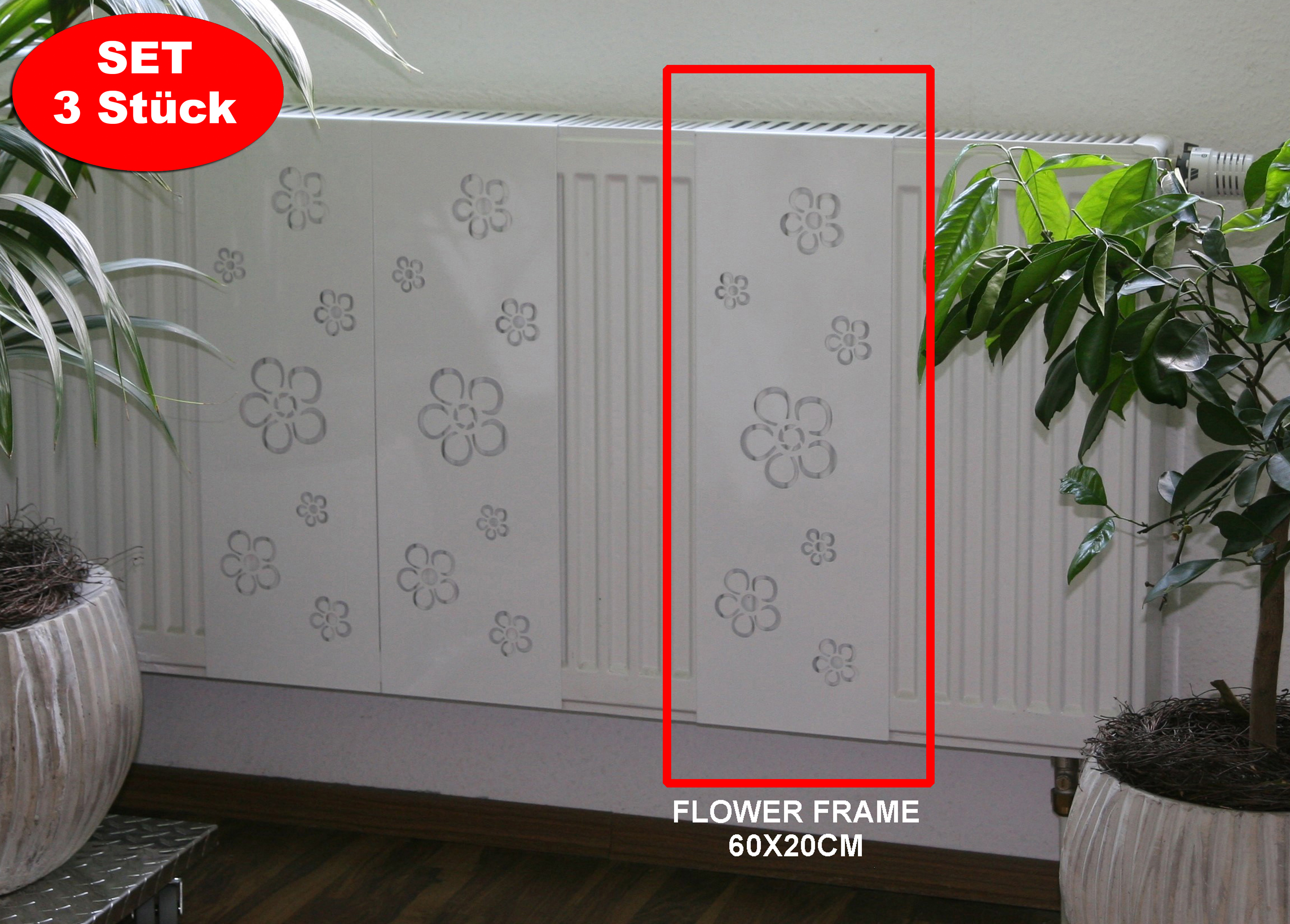 Heizkörperverkleidung 60 x 20cm Design Flower Frame weiß (SET=3 Stück) SZAGATO Heizungsverkleidung Verkleidung Heizkörper Abdeckung für Heizkörper